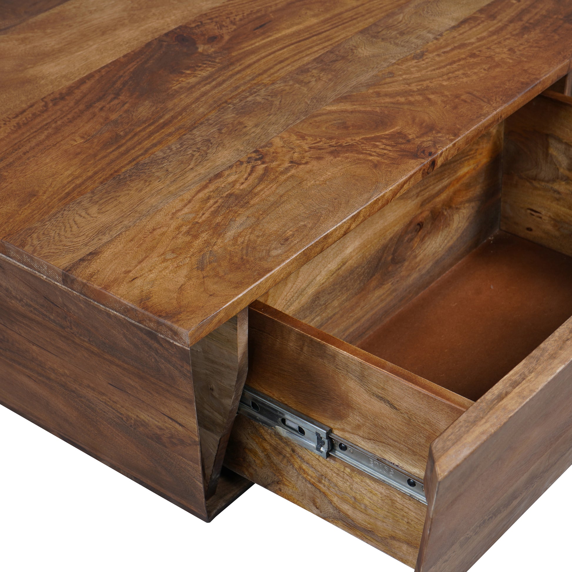 36 Inch Handcrafted Modern Farmhouse Coffee Table, Geometric Angled Square, 1 Drawer, Walnut Mango Wood Brown Metal & Wood