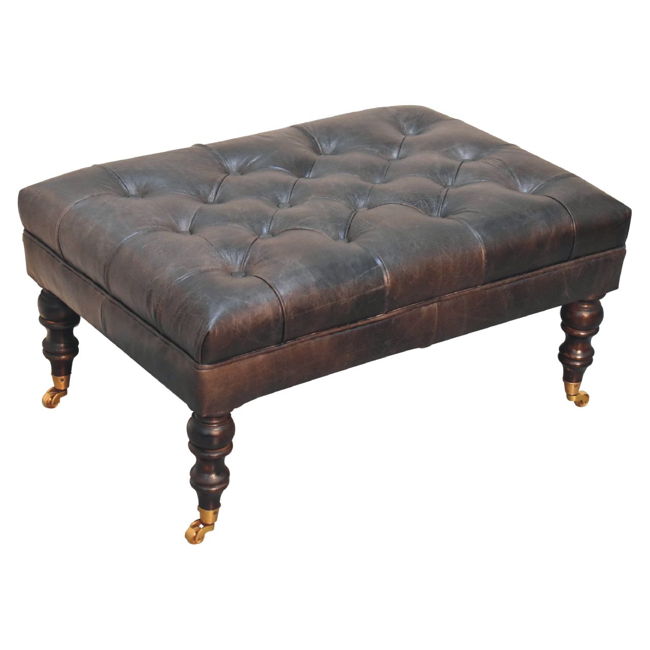 Buffalo Ash Black Leather Ottoman With Castor Legs Black Leather Solid Wood