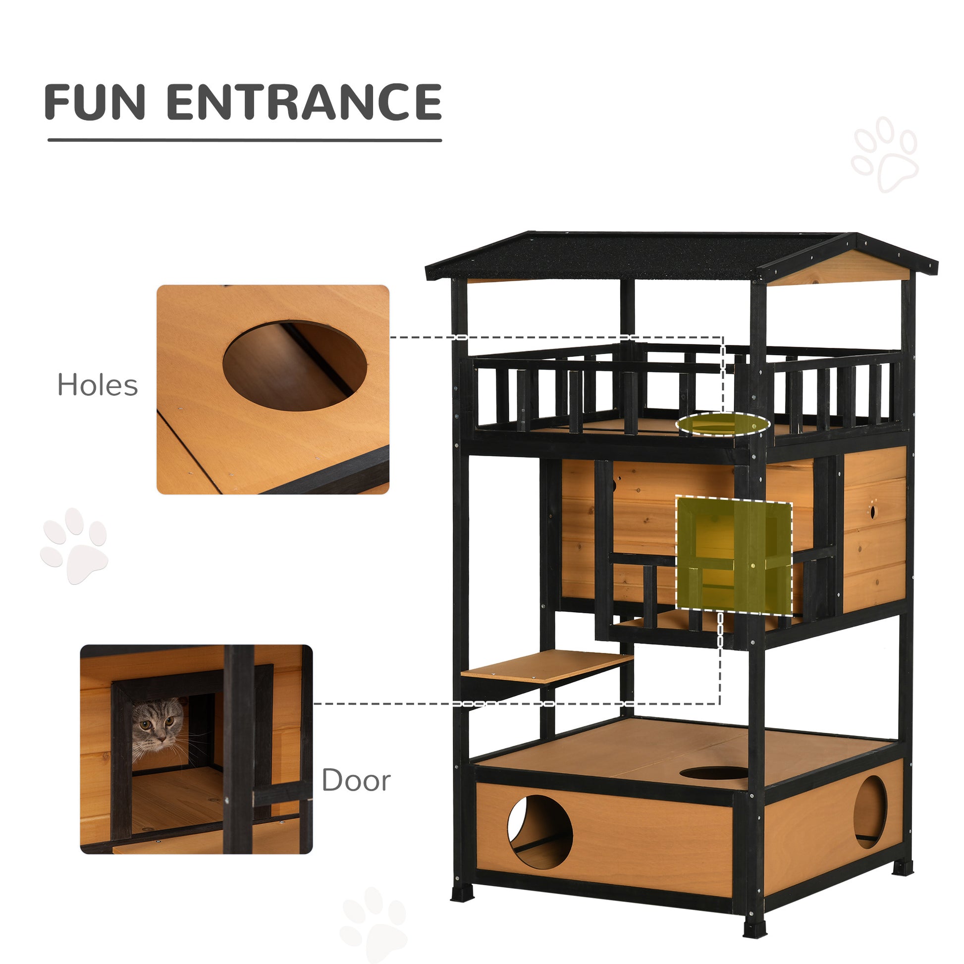 Pawhut Wooden Outdoor Cat House, Feral Cat Shelter Kitten Tree With Asphalt Roof, Escape Doors, Condo, Jumping Platform, Yellow Yellow Wood