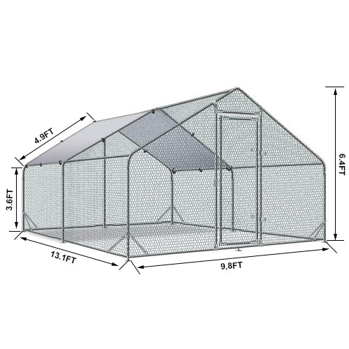 Large Metal Chicken Coop Walk In Poultry Cage Hen Run House Rabbits Habitat Cage Spire Shaped Coop With Waterproof And Anti Ultraviolet Cover 13.1' L X 9.8' W X 6.4' H Silver Metal