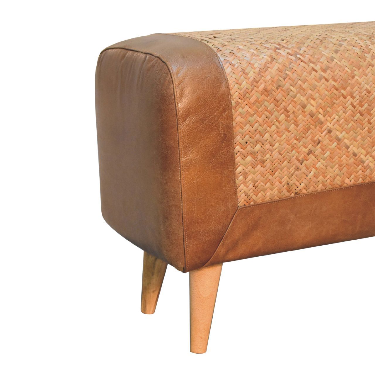 Large Seagrass Buffalo Hide Nordic Bench Oak Leather Solid Wood
