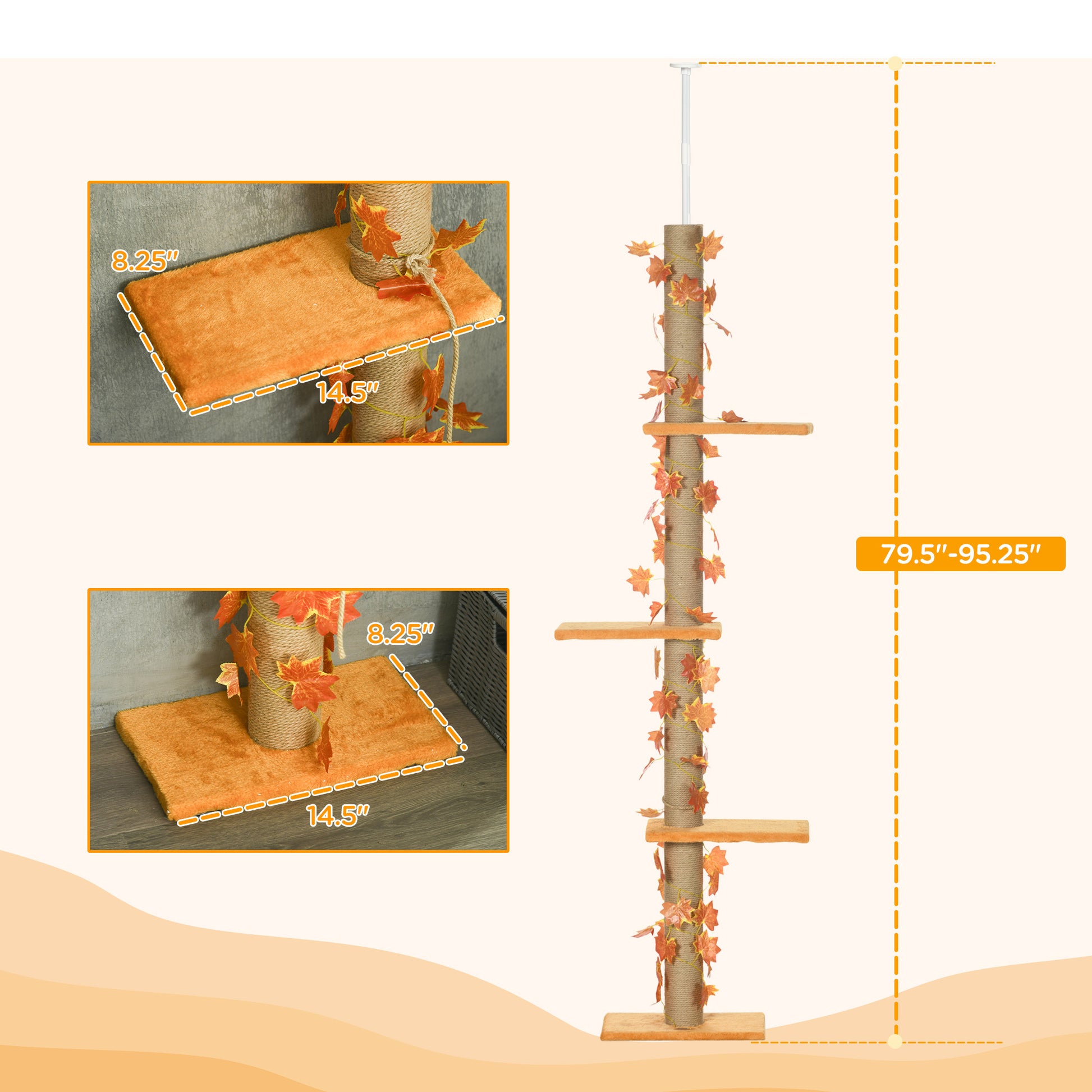 Pawhut Floor To Ceiling Cat Tree, 80" 95" Adjustable Tall Cat Tower, 3 Level Cat Climbing Towe For Indoor Cats With Sisal Scratching Post, Platforms, Leaves, Orange Orange Particle Board