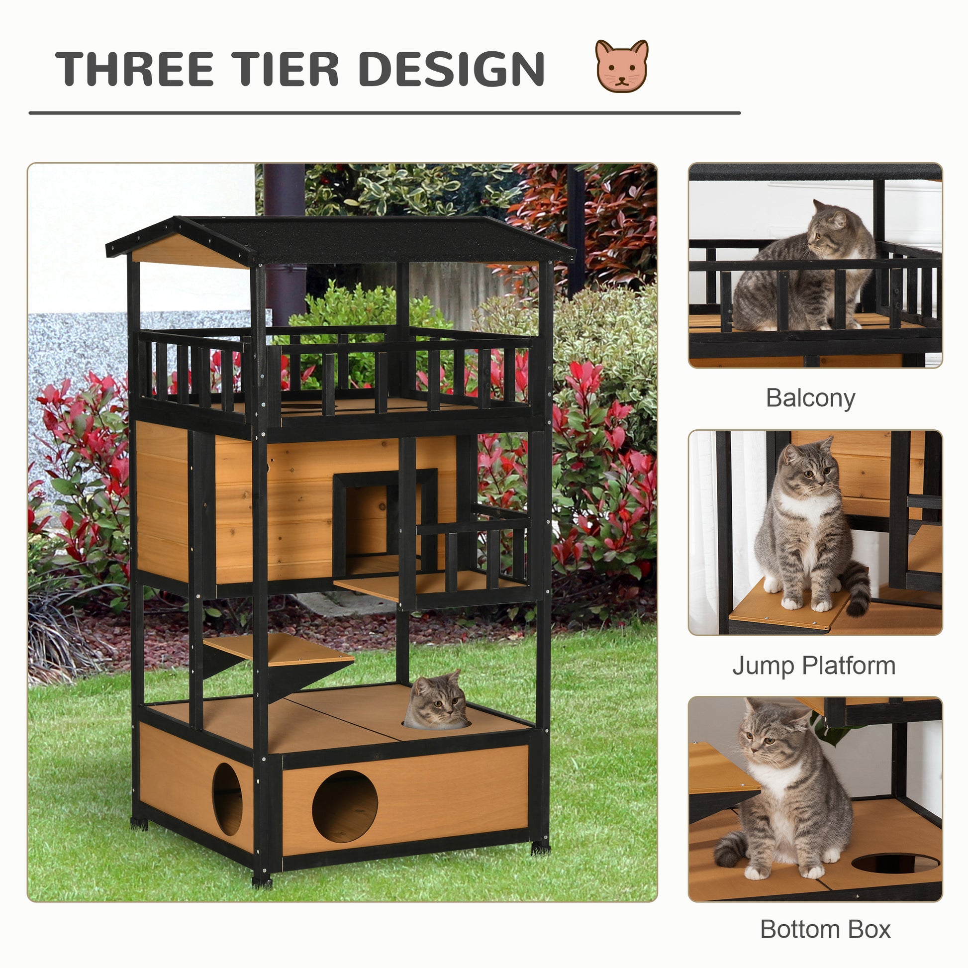 Pawhut Wooden Outdoor Cat House, Feral Cat Shelter Kitten Tree With Asphalt Roof, Escape Doors, Condo, Jumping Platform, Yellow Yellow Wood