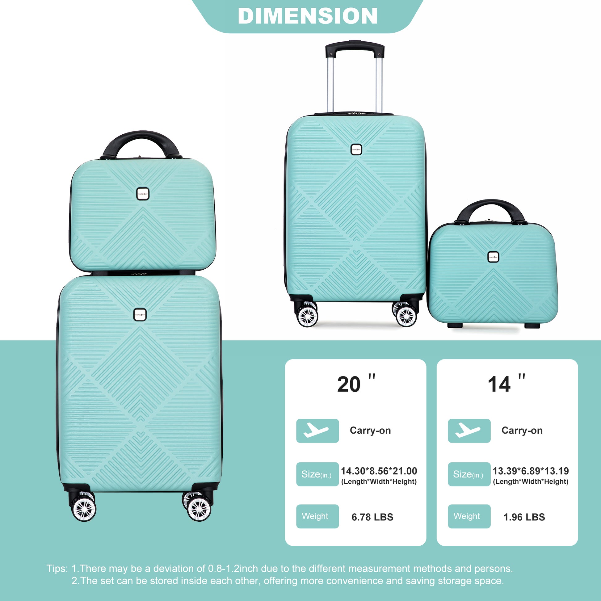 2Piece Luggage Sets Abs Lightweight Suitcasespinner Wheels, 20 14 Light Blue Light Blue Abs