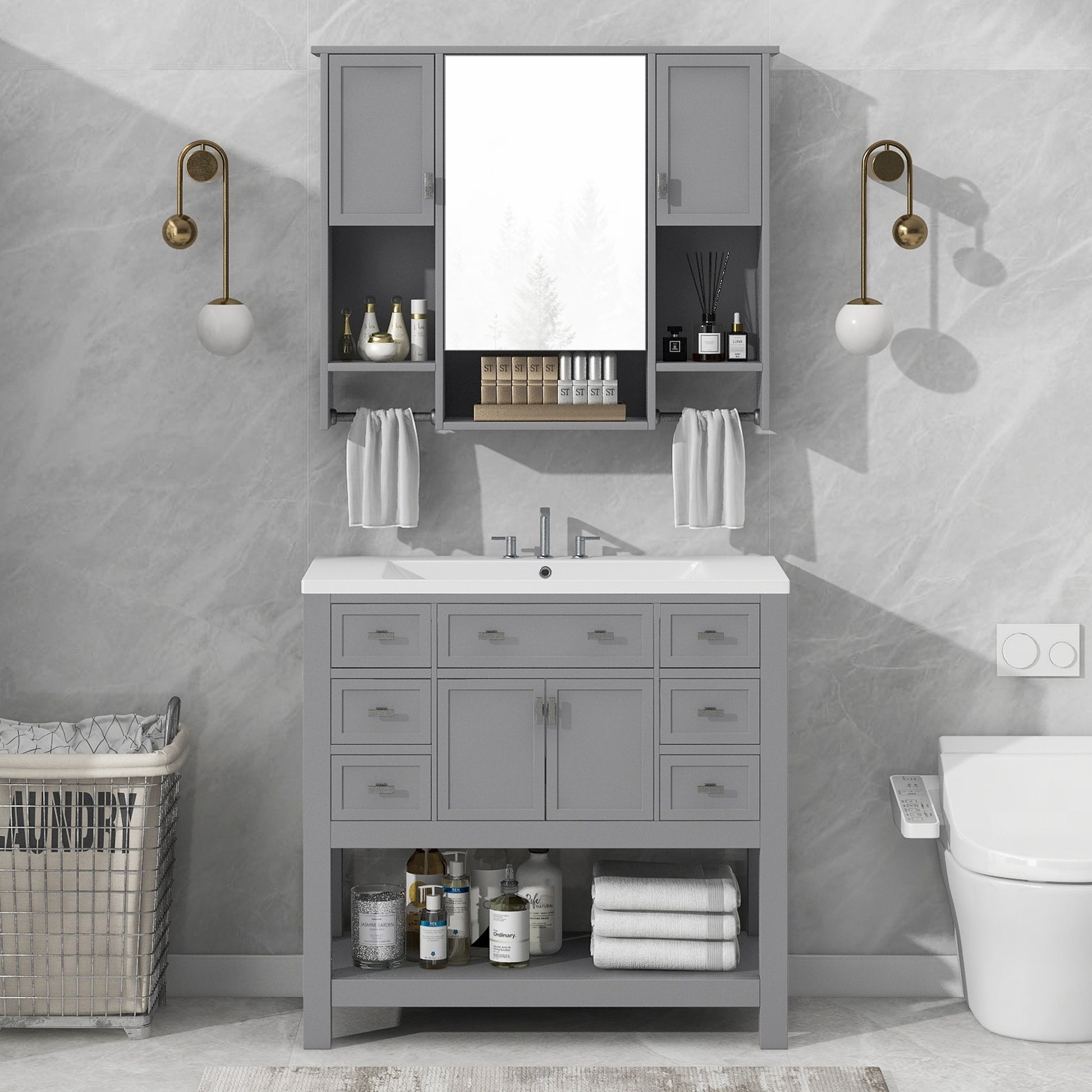 36'' Bathroom Vanity With Top Sink, Modern Mirror Cabinet With Towels Bar, Bathroom Storage Cabinet With 2 Soft Closing Doors And 6 Drawers, Single Sink Bathroom Vanity 4 Grey 4 Bathroom Freestanding Solid Wood Mdf Resin