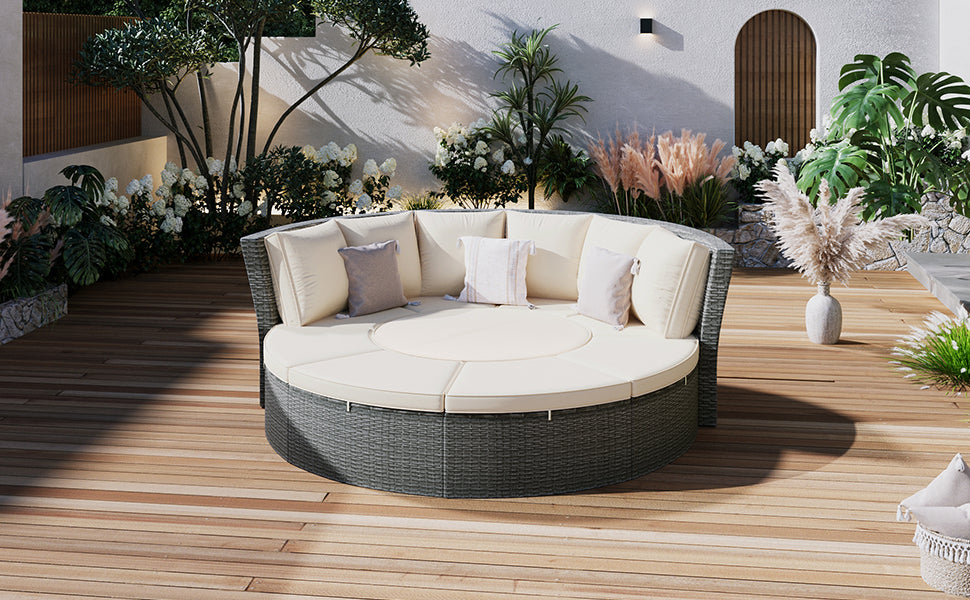 Patio 5 Piece Round Rattan Sectional Sofa Set All Weather Pe Wicker Sunbed Daybed With Round Liftable Table And Washable Cushions For Outdoor Backyard Poolside, Beige Yes Deep Seating Beige Water Resistant Frame Water Resistant Cushion Garden & Outdoor