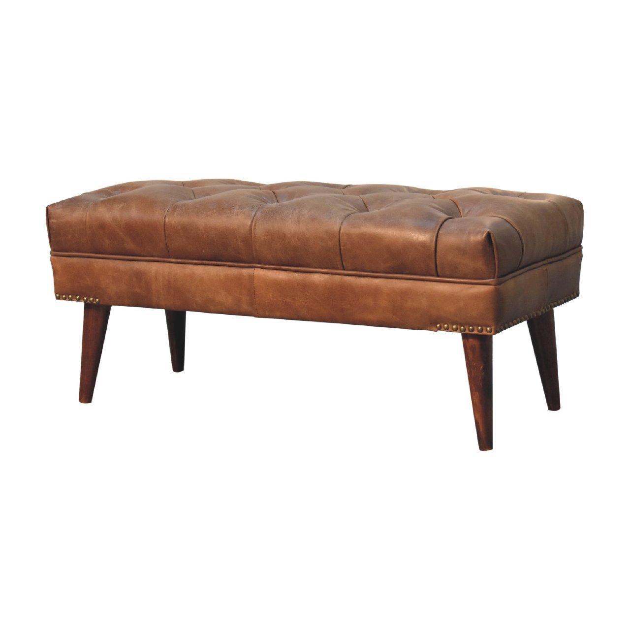 Harbour Brown Leather Bench Chestnut Leather Solid Wood