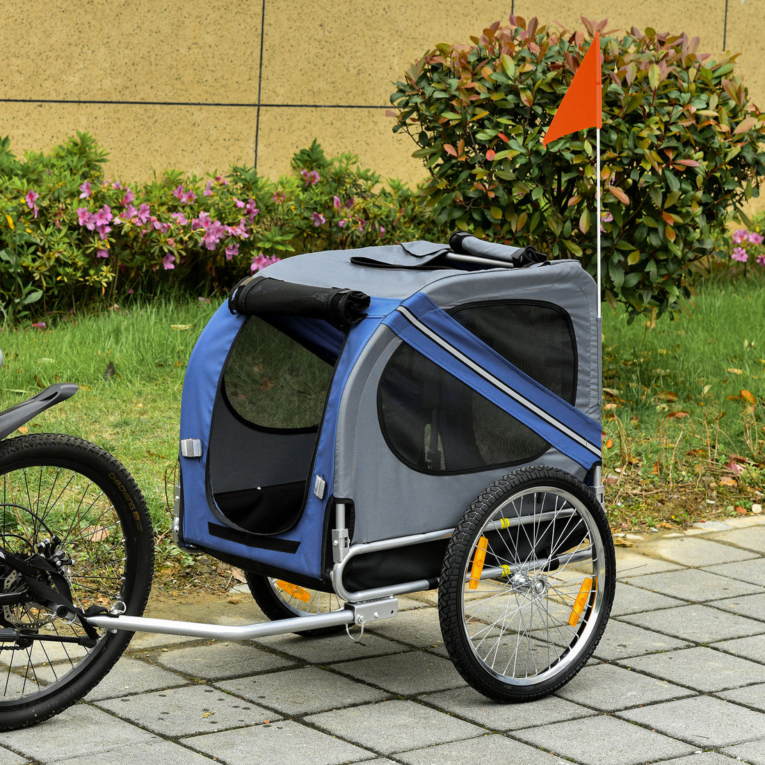 Aosom Dog Bike Trailer Pet Cart Bicycle Wagon Cargo Carrier Attachment For Travel With 3 Entrances Large Wheels For Off Road & Mesh Screen Blue Grey Blue Steel