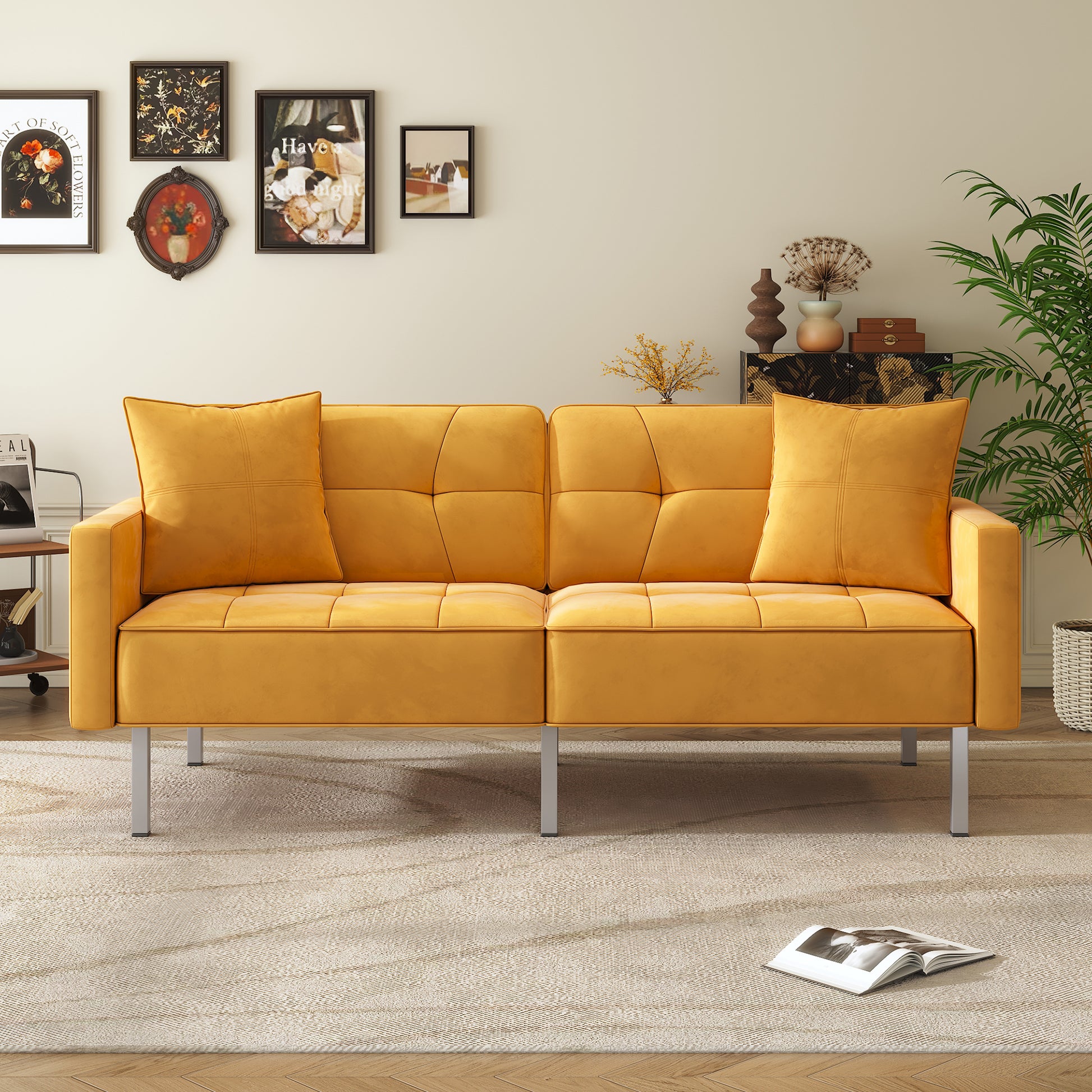 Orisfur. Linen Upholstered Modern Convertible Folding Futon Sofa Bed For Compact Living Space, Apartment, Dorm, Yellow Yellow Foam Linen