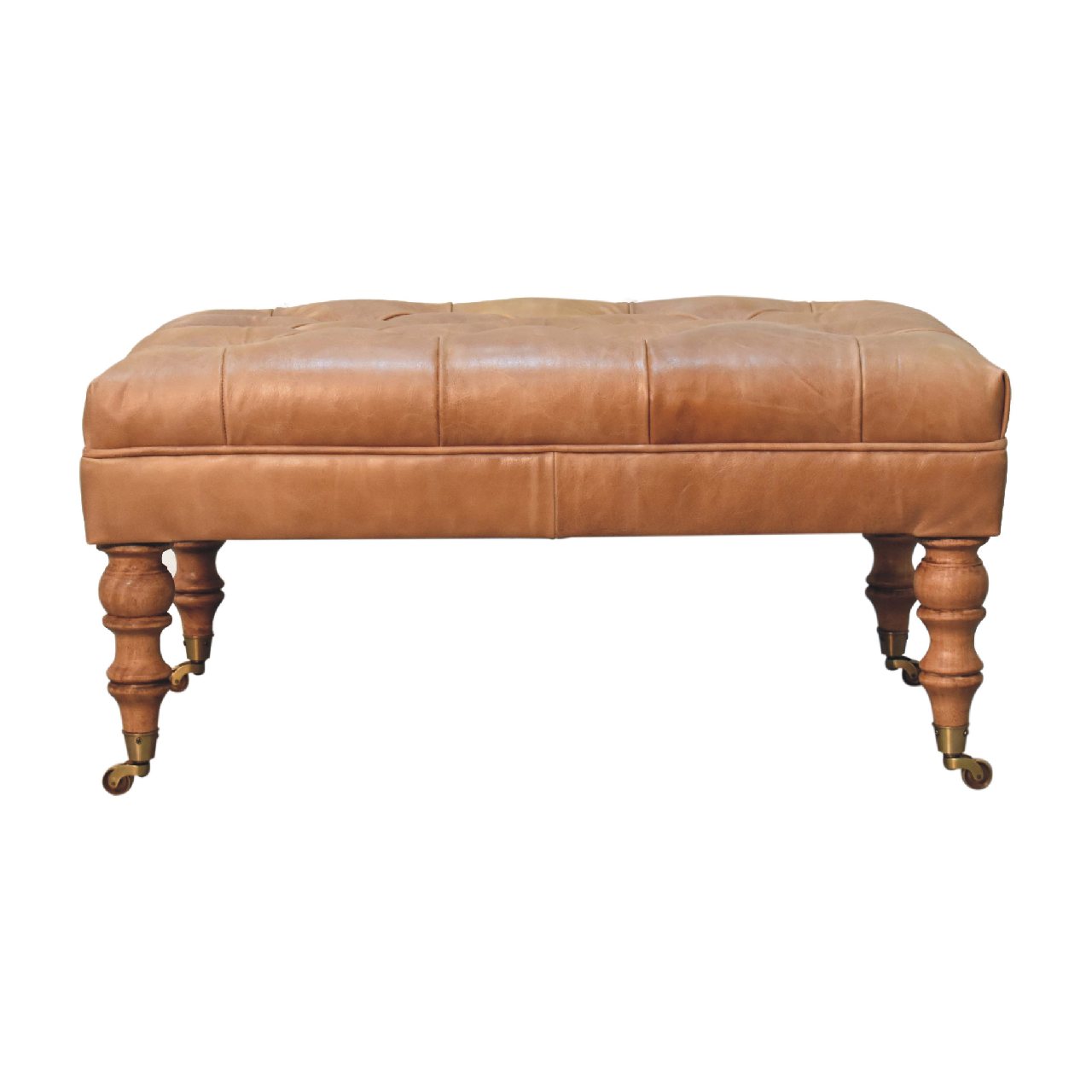 Buffalo Tan Leather Ottoman With Castor Legs Walnut Leather Solid Wood