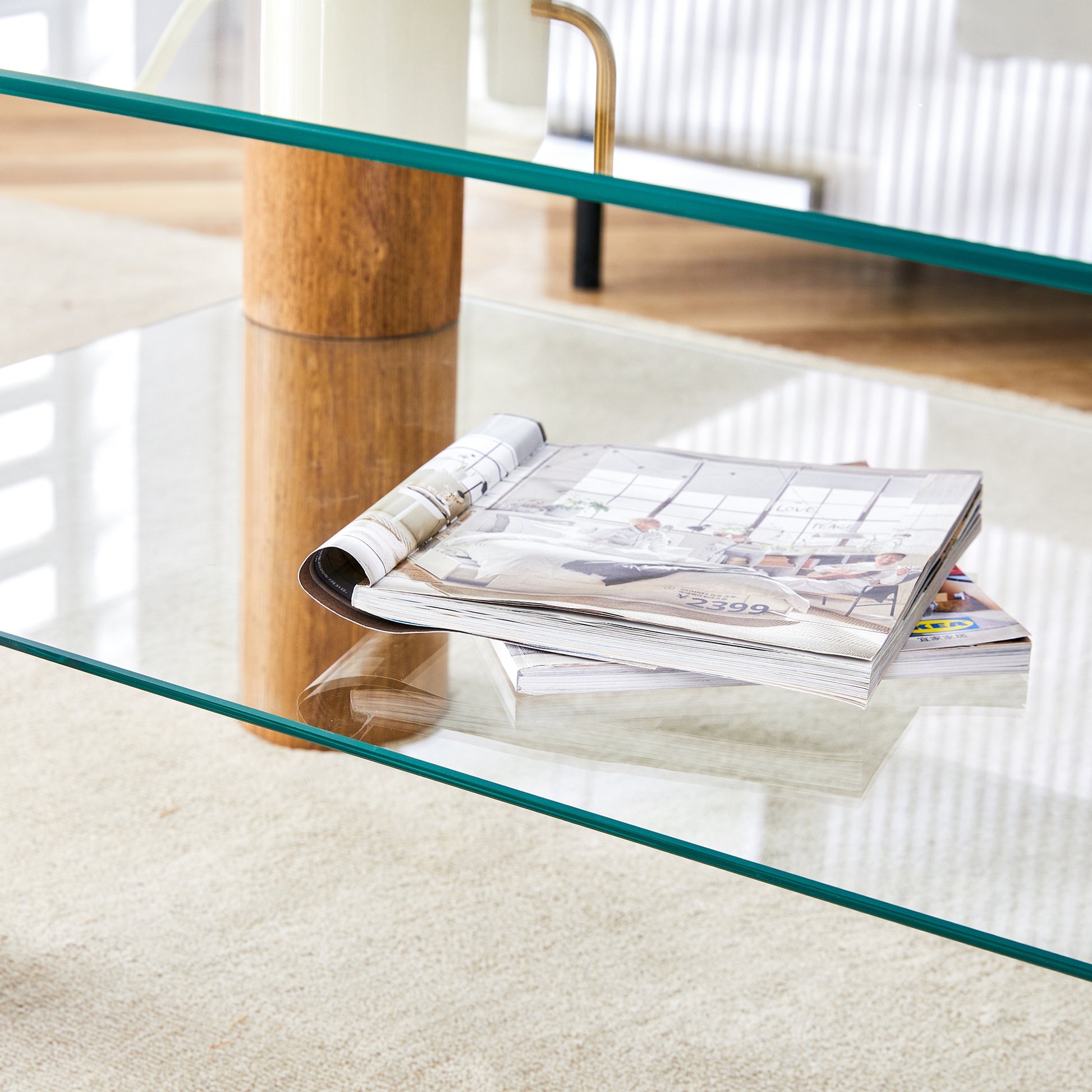 Modern Minimalist Double Layer Transparent Tempered Glass Coffee Table And Coffee Table, Paired With Wooden Mdf Decorative Columns. Computer Desk. Game Table. Ct X02 Transparent Glass