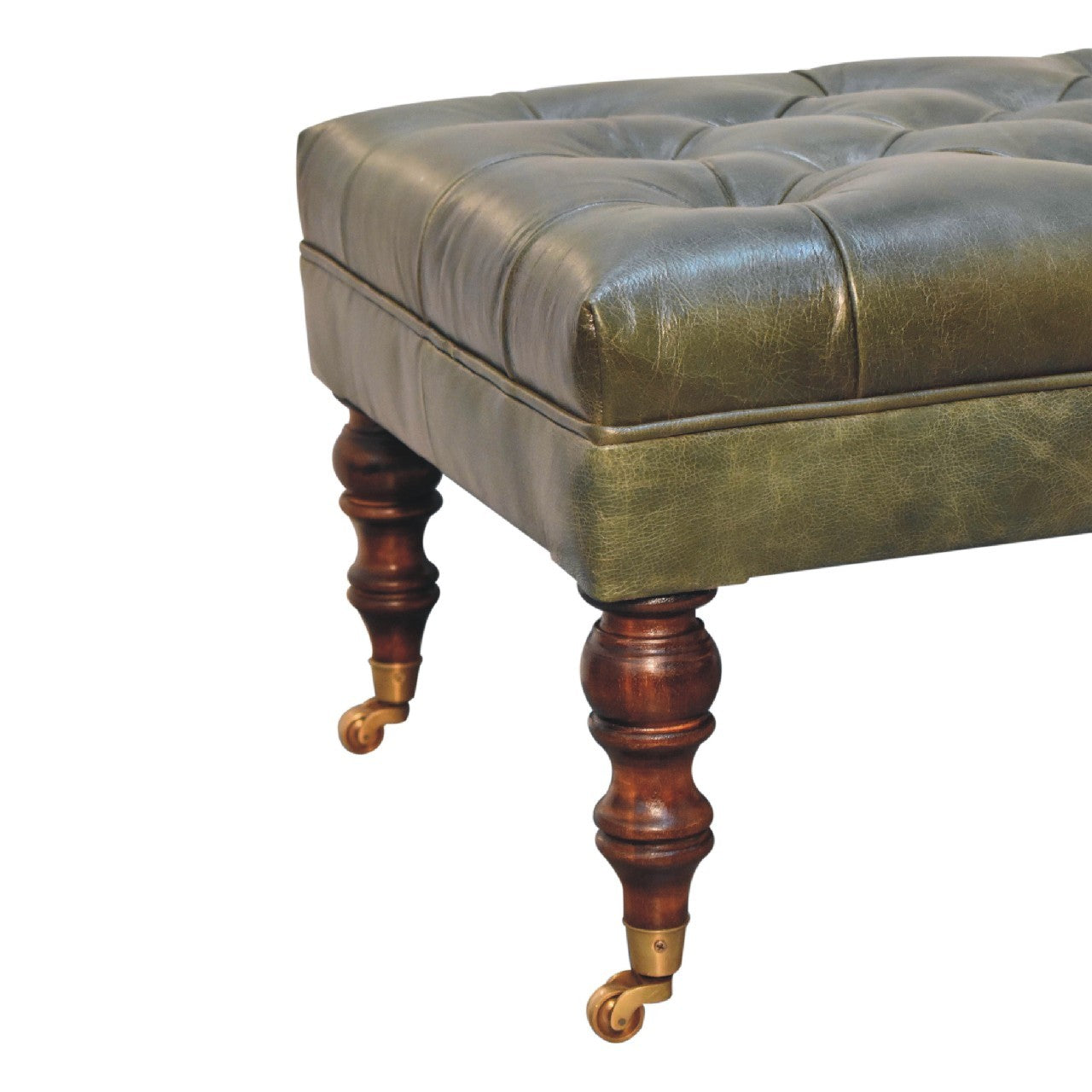 Buffalo Green Leather Ottoman With Castor Legs Green Leather Solid Wood