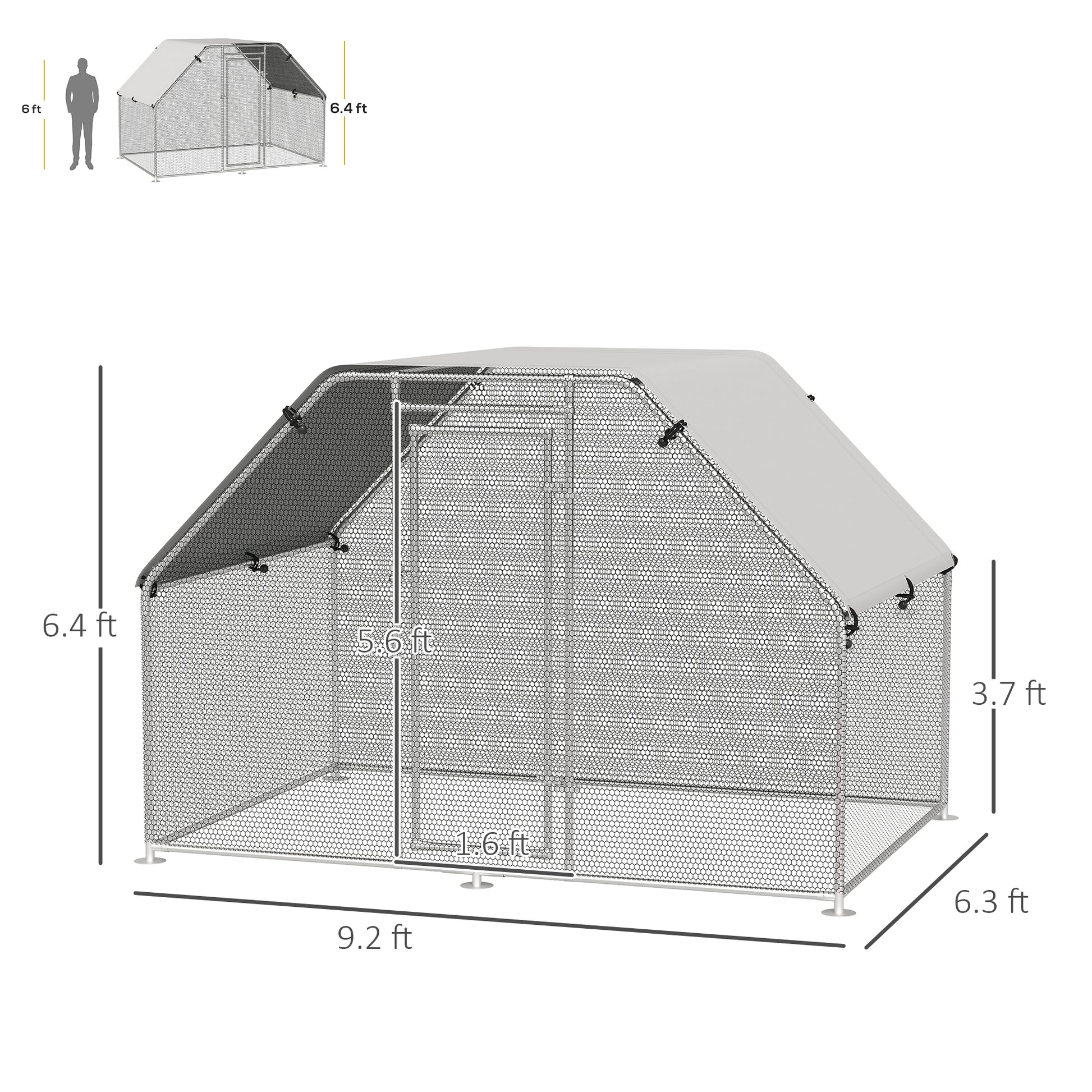 Pawhut Large Chicken Coop Metal Chicken Run With Waterproof And Anti Uv Cover, Flat Shaped Walk In Fence Cage Hen House For Outdoor And Yard Farm Use, 1.26" Tube Diameter, 9' X 6' X 6.5' Silver Steel