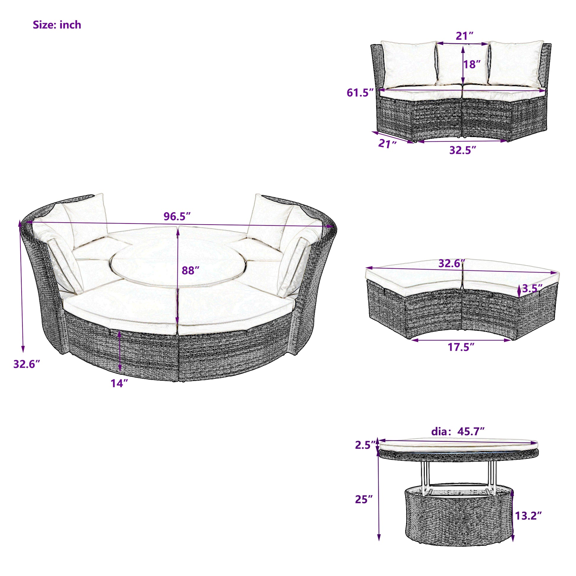 Patio 5 Piece Round Rattan Sectional Sofa Set All Weather Pe Wicker Sunbed Daybed With Round Liftable Table And Washable Cushions For Outdoor Backyard Poolside, Beige Yes Deep Seating Beige Water Resistant Frame Water Resistant Cushion Garden & Outdoor