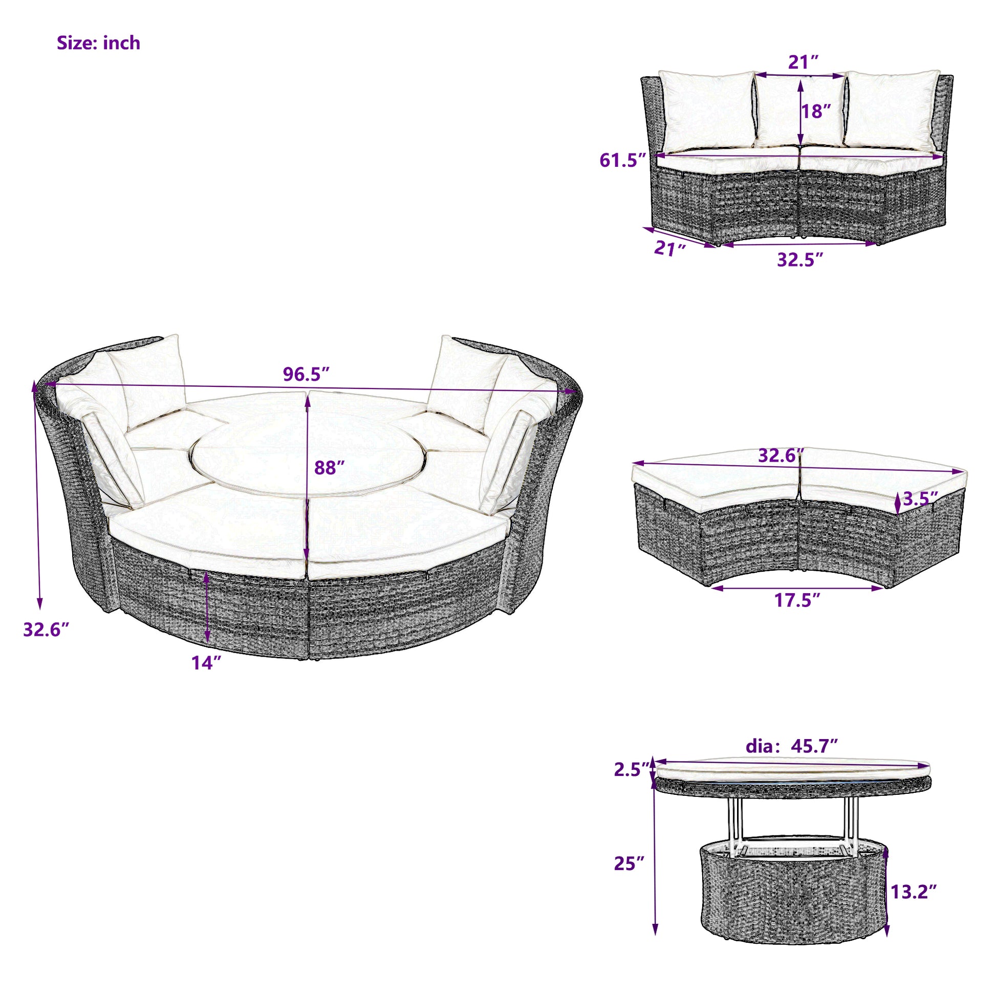 Patio 5 Piece Round Rattan Sectional Sofa Set All Weather Pe Wicker Sunbed Daybed With Round Liftable Table And Washable Cushions For Outdoor Backyard Poolside, Gray Yes Deep Seating Gray Water Resistant Frame Water Resistant Cushion Garden & Outdoor