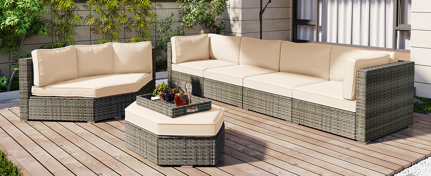 Patio Furniture Set, 6 Piece Outdoor Conversation Set All Weather Wicker Sectional Sofa With Ottoman And Cushions And Small Trays Beige Rattan
