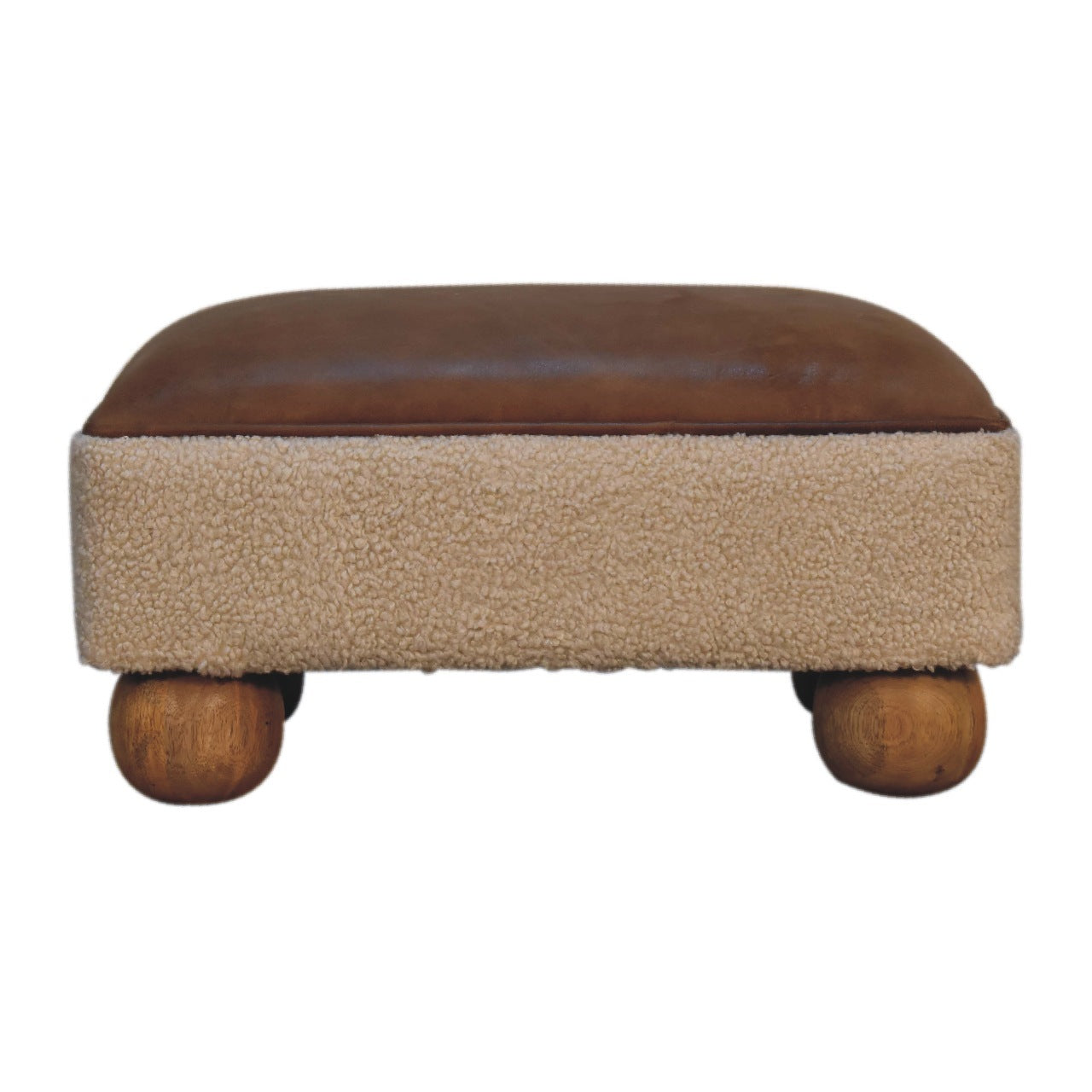 Tan Leather Boucle Ball Footstool Tan Leather Wood Fabric