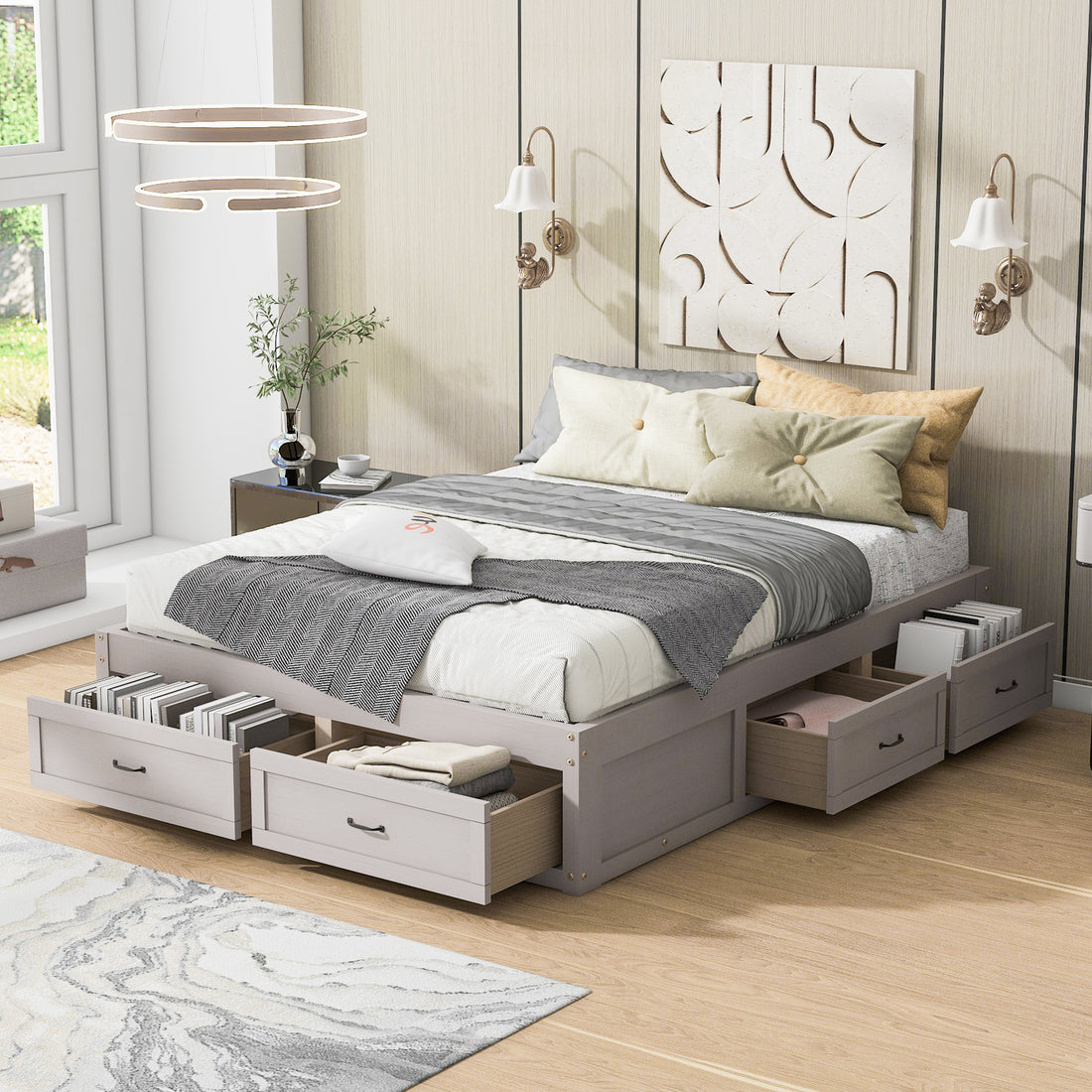 Queen Size Platform Bed With 6 Storage Drawers,Antique White Antique White Mdf Lvl