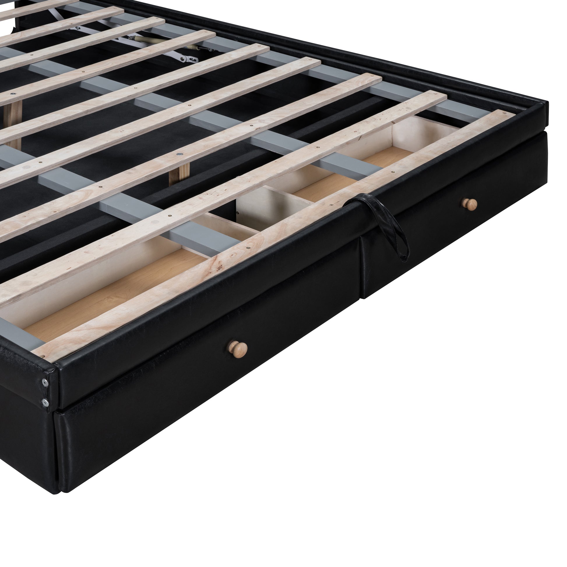 Queen Size Upholstered Bed With Hydraulic Storage System And Drawer, Black Black Pu Leather