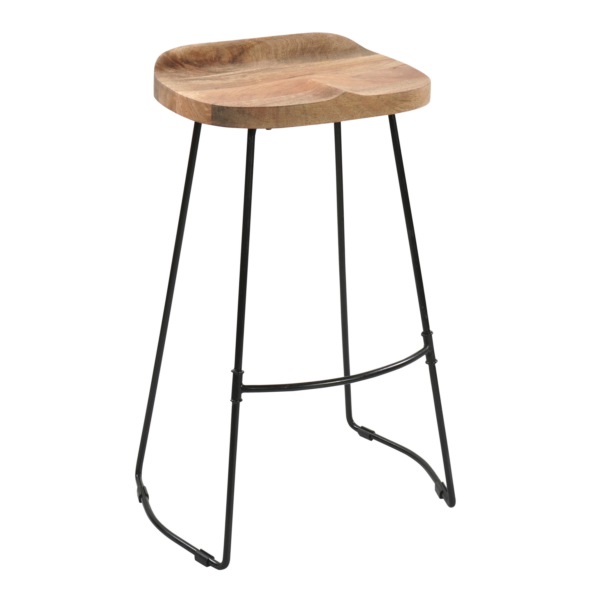 Tiva 30 Inch Handcrafted Backless Barstool, Natural Brown Mango Wood Saddle Seat, Black Metal Base Black Brown Metal & Wood