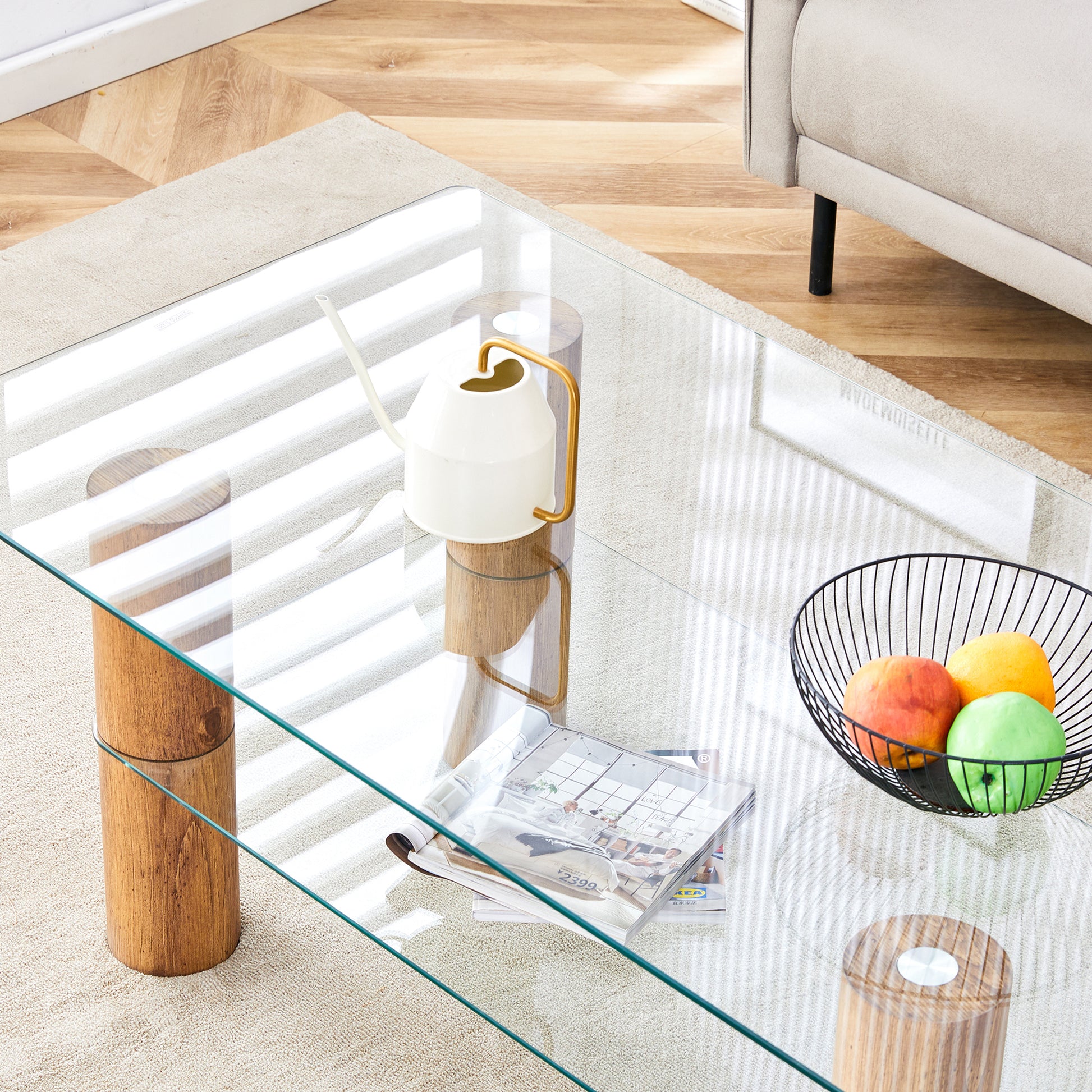 Modern Minimalist Double Layer Transparent Tempered Glass Coffee Table And Coffee Table, Paired With Wooden Mdf Decorative Columns. Computer Desk. Game Table. Ct X02 Transparent Glass