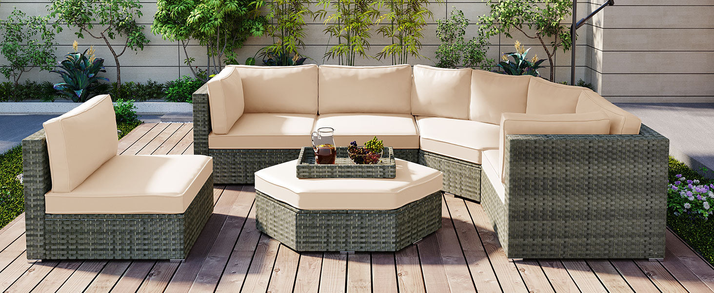 Patio Furniture Set, 6 Piece Outdoor Conversation Set All Weather Wicker Sectional Sofa With Ottoman And Cushions And Small Trays Beige Rattan