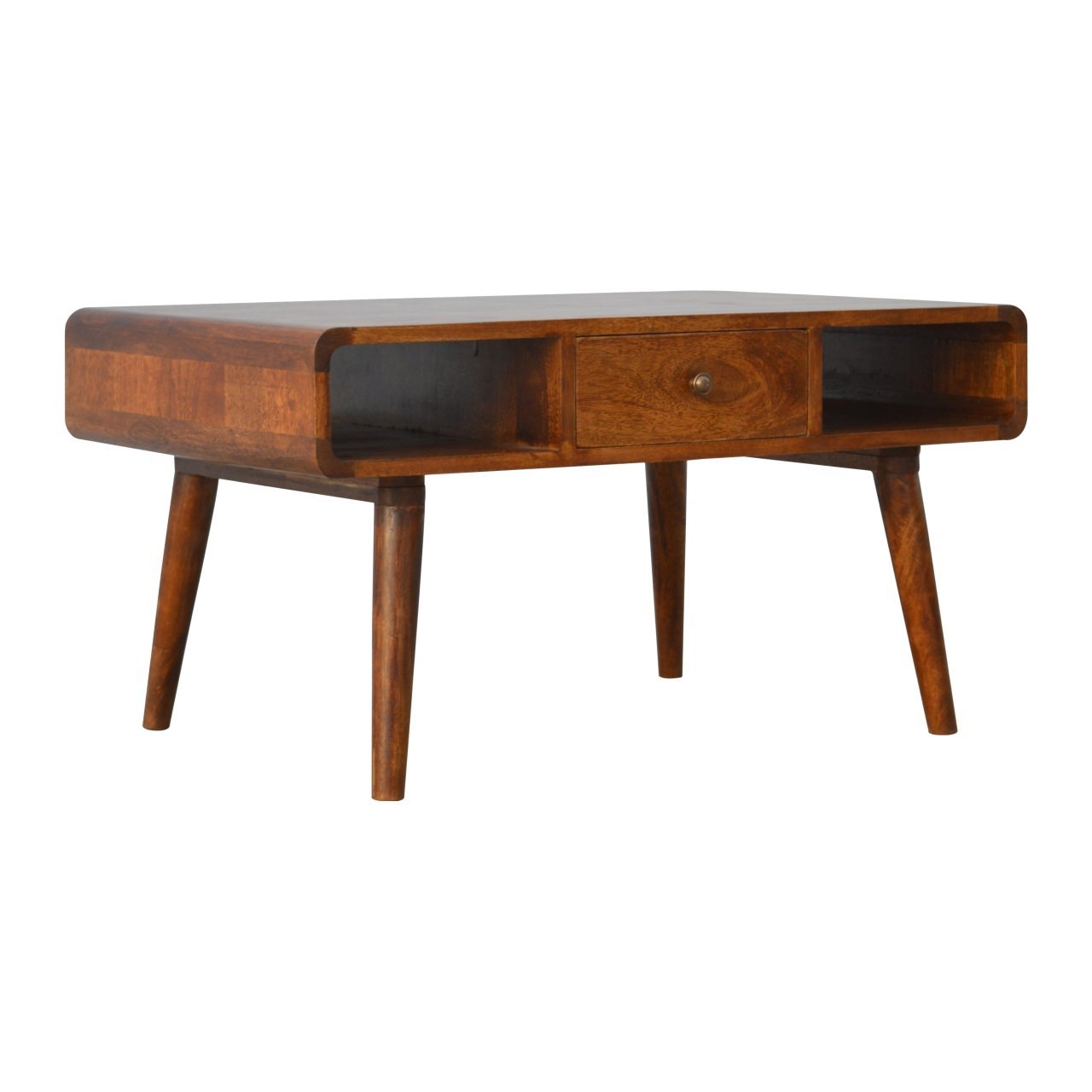 Solid Wood Curved Chestnut Coffee Table Chestnut Brown Primary Living Space Classic,Contemporary Freestanding Mango Shelves Coffee & End Tables Lacquered Rectangular Wood Solid Wood