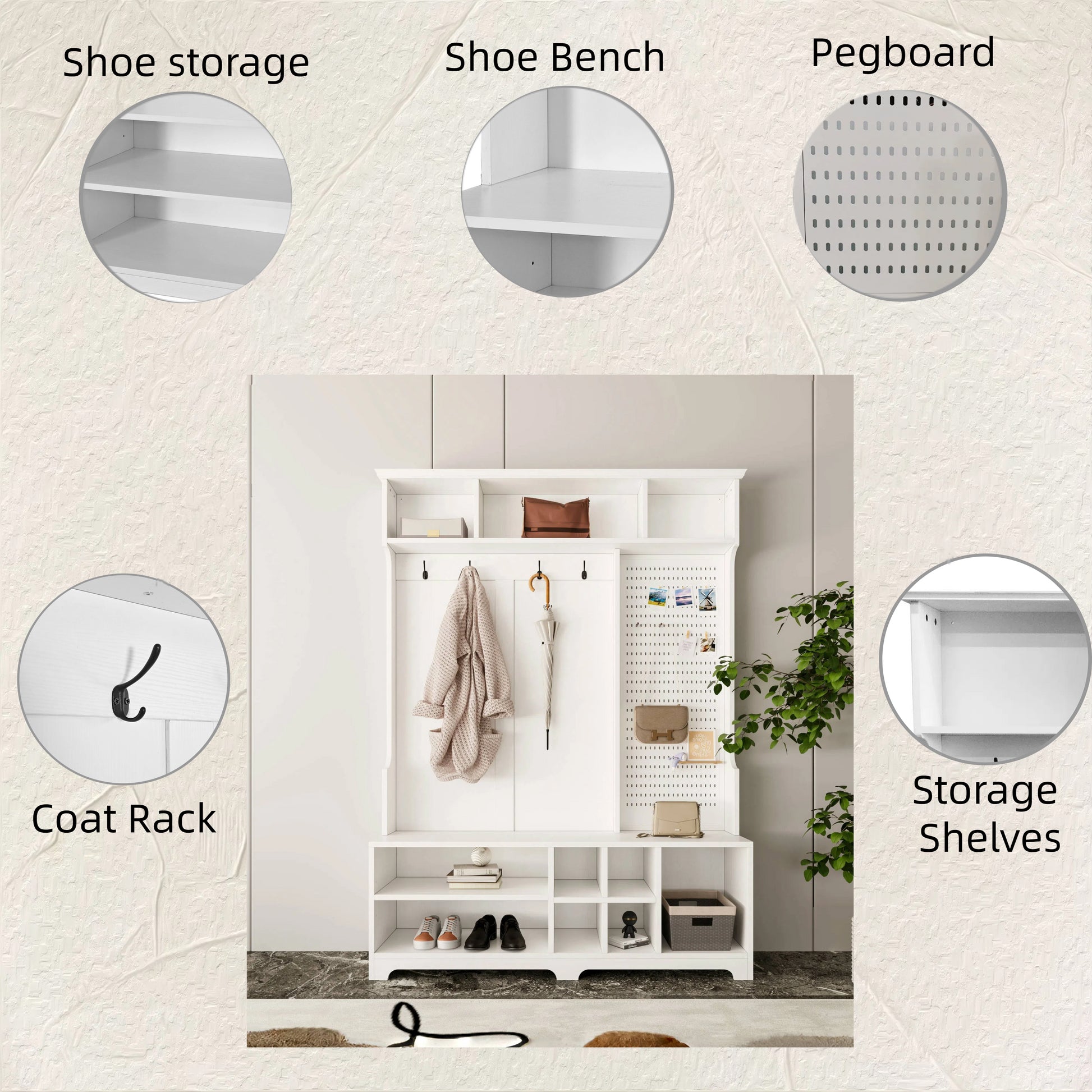 Hall Tree With Shoe Bench, Coat Rack ,Shoe Storage ,Storage Shelves And Pegboard, For Hallways, Halls And Bedrooms, White White Mdf Metal