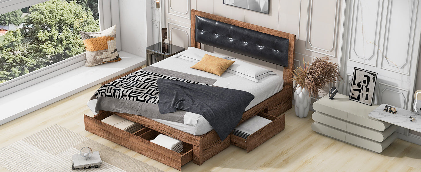 Queen Size Wood Platform Bed With Upholstered Headboard And 4 Drawers Box Spring Not Required Queen Walnut Wood Bedroom Bed Frame Faux Leather Solid Wood Mdf
