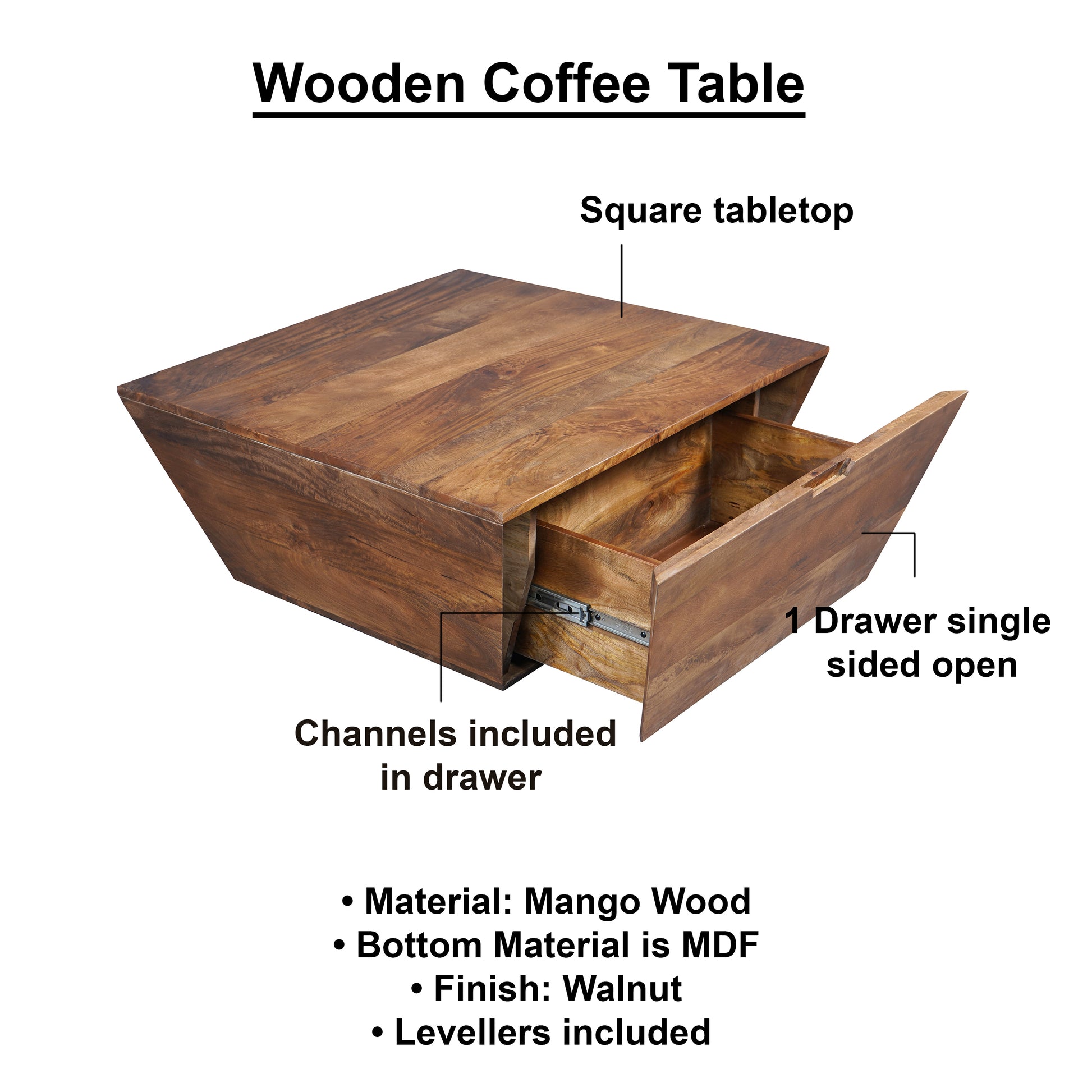 36 Inch Handcrafted Modern Farmhouse Coffee Table, Geometric Angled Square, 1 Drawer, Walnut Mango Wood Brown Metal & Wood