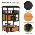 Pawhut Wooden Outdoor Cat House, Feral Cat Shelter Kitten Tree With Asphalt Roof, Escape Doors, Condo, Jumping Platform, Yellow Yellow Wood