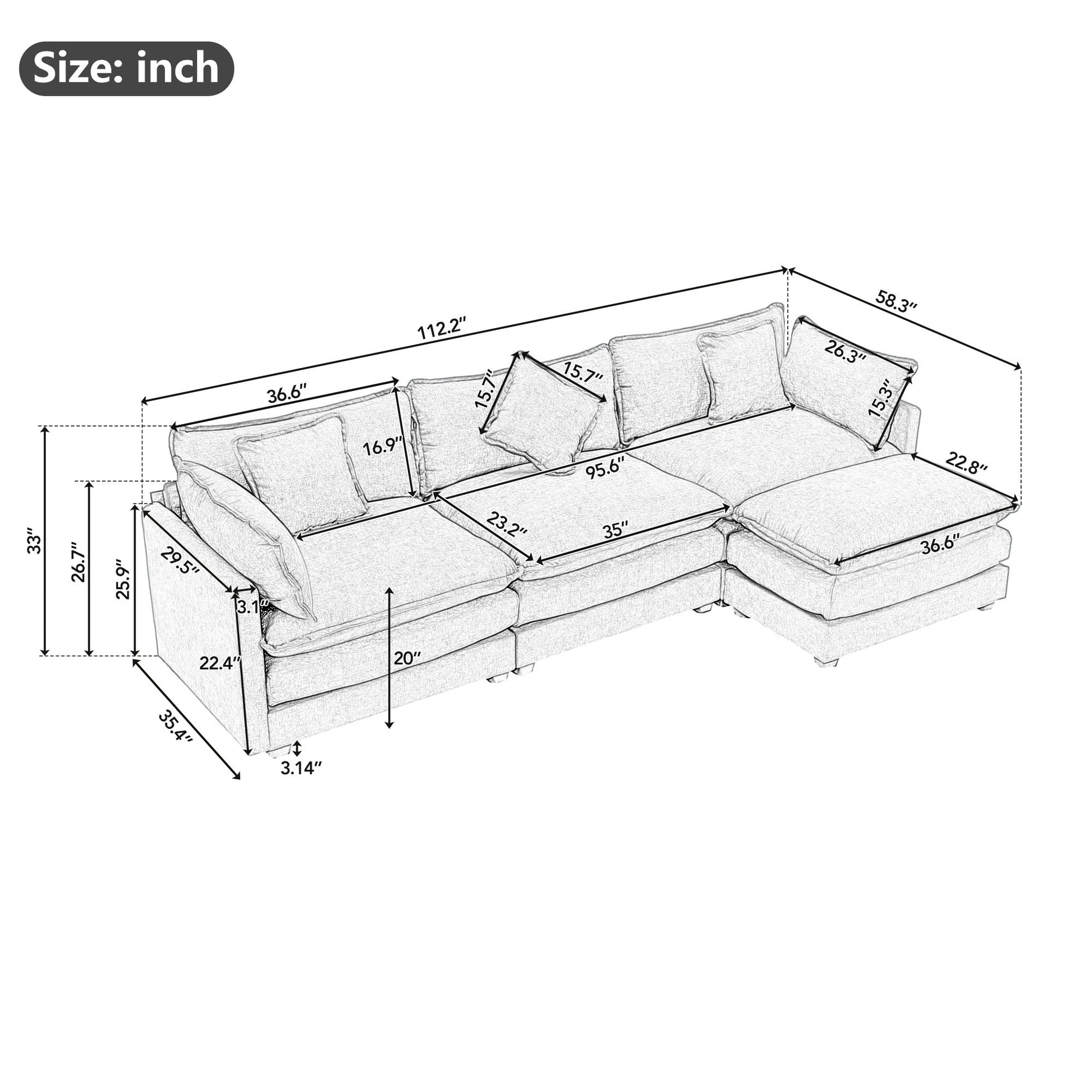 112.2" L Shape Chenille Upholstered Sofa For Living Room Modern Luxury Sofa Couch With Ottoman, 5 Pillows, Gray Gray Foam 4 Seat
