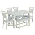 Farmhouse 6 Piece Wood Dining Table Set With 4 Upholstered Chairs And Bench, Gray Gray Wood Dining Room Bench Seating Rubberwood Rectangular Dining Table With Chair And Bench Upholstered Chair Wood Gray Solid Back Seats 6 Farmhouse Trestle Foam Solid