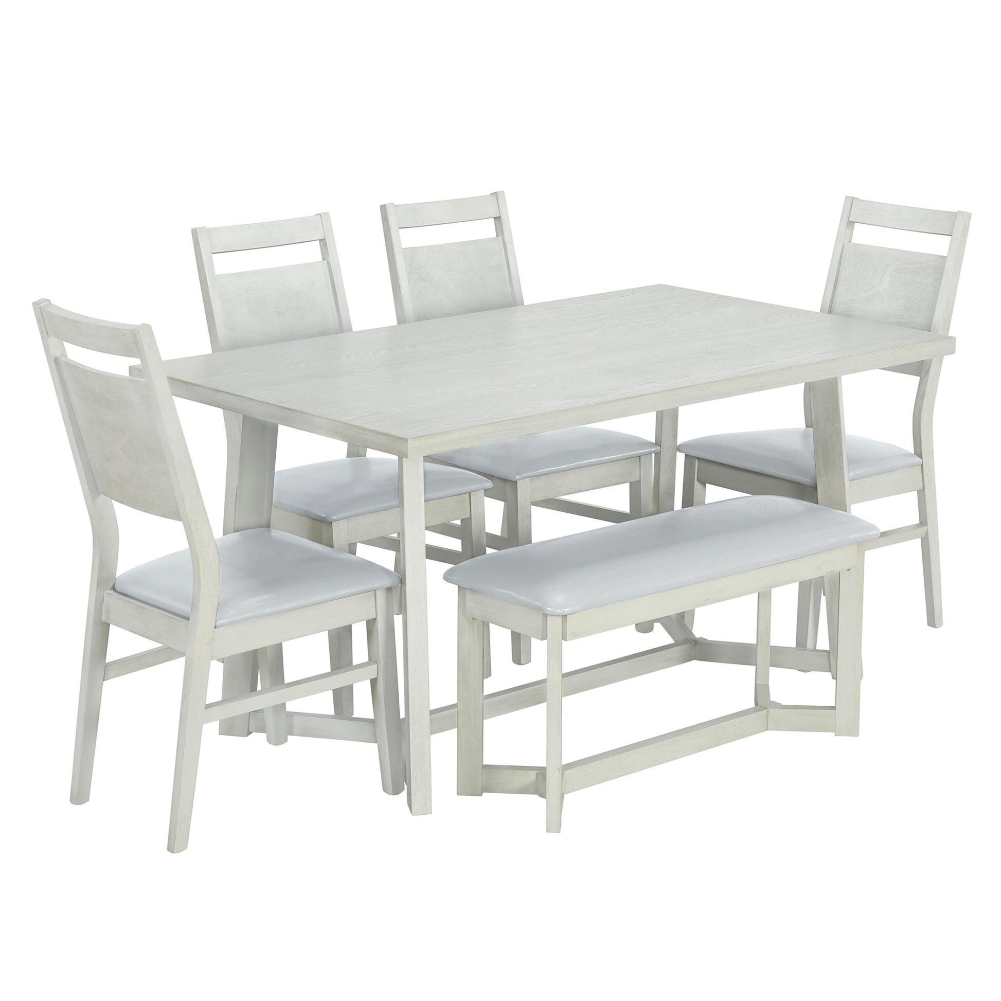 Farmhouse 6 Piece Wood Dining Table Set With 4 Upholstered Chairs And Bench, Gray Gray Wood Dining Room Bench Seating Rubberwood Rectangular Dining Table With Chair And Bench Upholstered Chair Wood Gray Solid Back Seats 6 Farmhouse Trestle Foam Solid