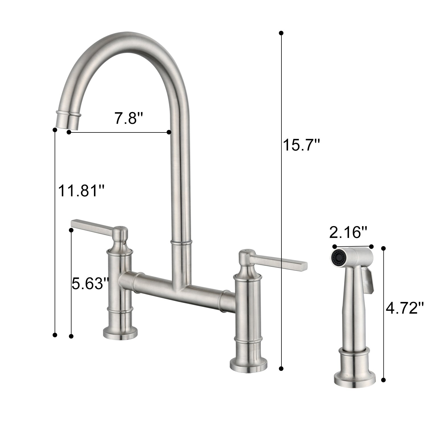 Double Handle Bridge Kitchen Faucet With Side Spray Brushed Nickel Stainless Steel