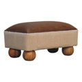 Tan Leather Boucle Ball Footstool Tan Leather Wood Fabric