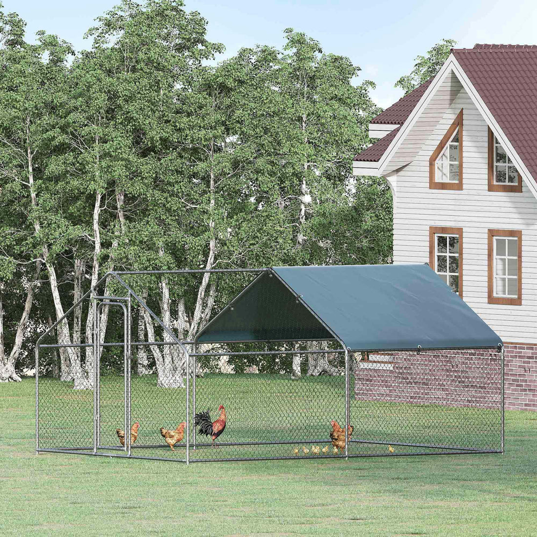 Pawhut Large Chicken Coop Metal Chicken Run With Waterproof And Anti U Cover, Spire Shaped Walk In Fence Cage Hen House For Outdoor And Yard Farm Use, 1.26" Tube Diameter, 9.8' X 13.1' X 6.4' Silver Steel