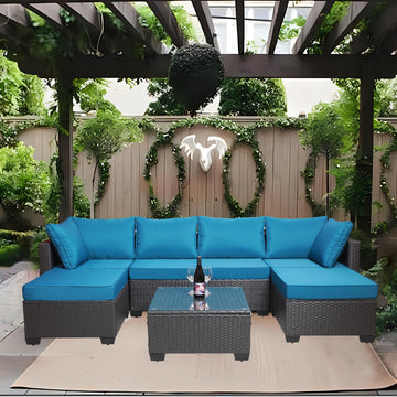 Outdoor Garden Patio Furniture 7 Piece Pe Rattan Wicker Cushioned Sofa Sets And Coffee Table, Patio Furniture Set Outdoor Couch Outdoor Couch Patio Furniture Outdoor Sofa Patio Couch Yes Complete Patio Set Black Blue Rust Resistant Frame Water Resistant