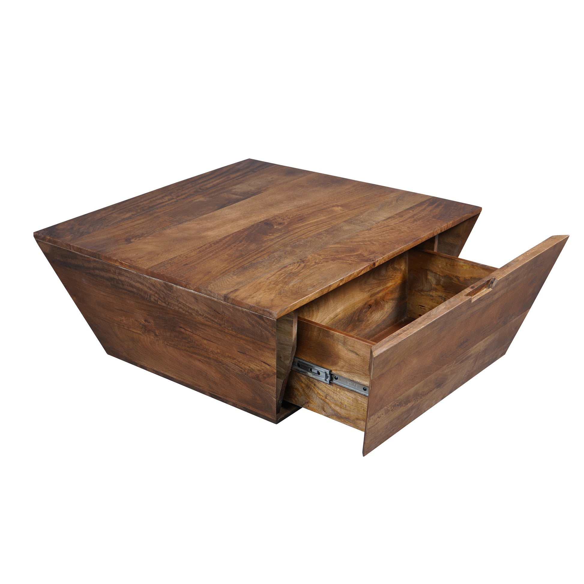 36 Inch Handcrafted Modern Farmhouse Coffee Table, Geometric Angled Square, 1 Drawer, Walnut Mango Wood Brown Metal & Wood