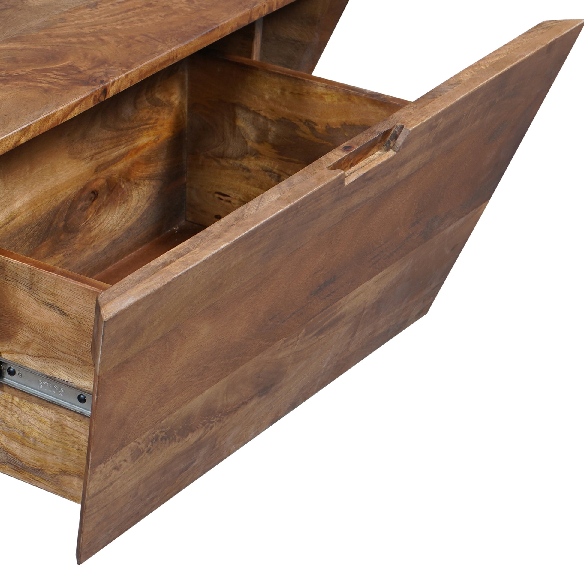 36 Inch Handcrafted Modern Farmhouse Coffee Table, Geometric Angled Square, 1 Drawer, Walnut Mango Wood Brown Metal & Wood