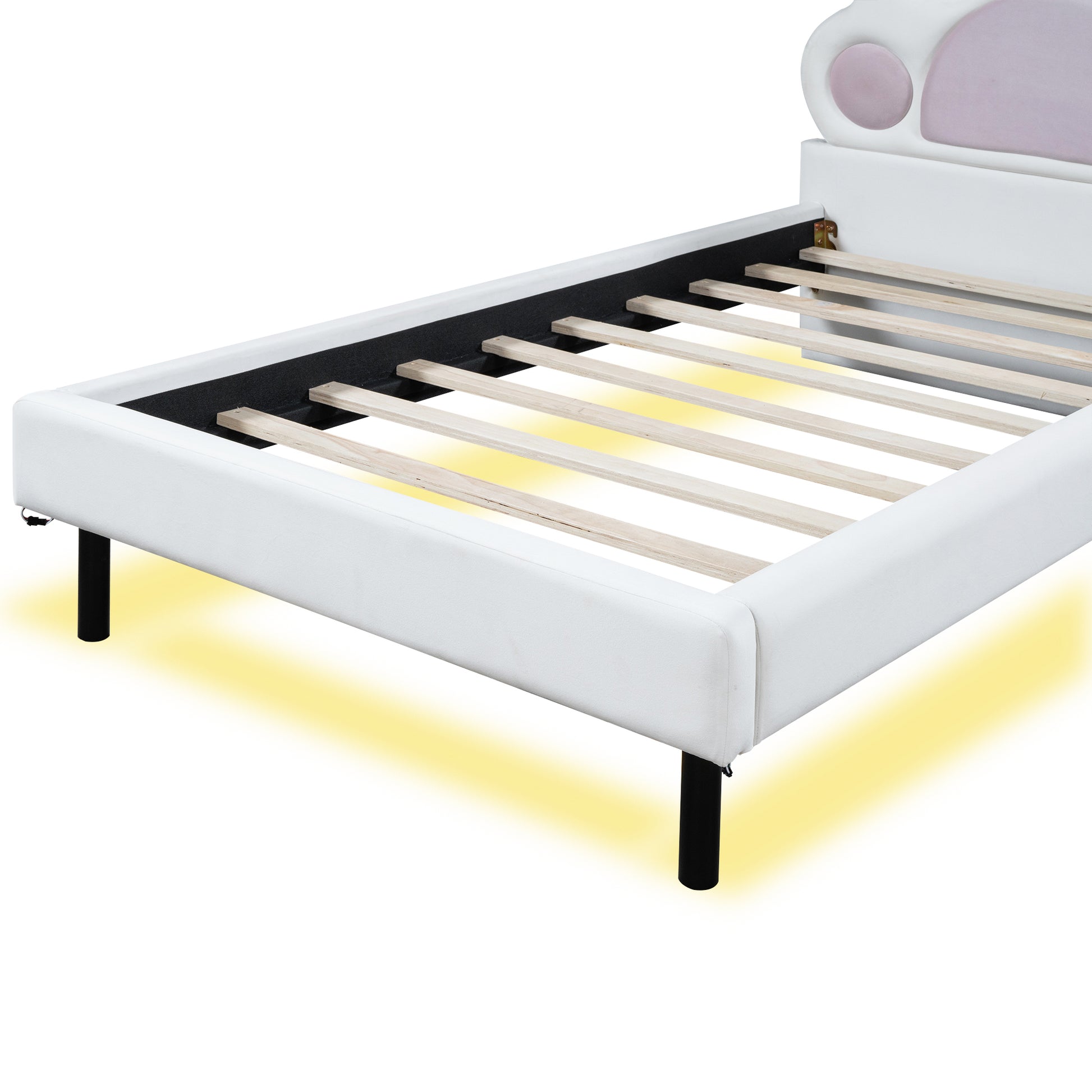 Twin Size Upholstered Platform Bed With Animal Paw Shaped Headboard And Led, Pink Box Spring Not Required Twin White Pink Wood Bedroom Solid Wood Mdf