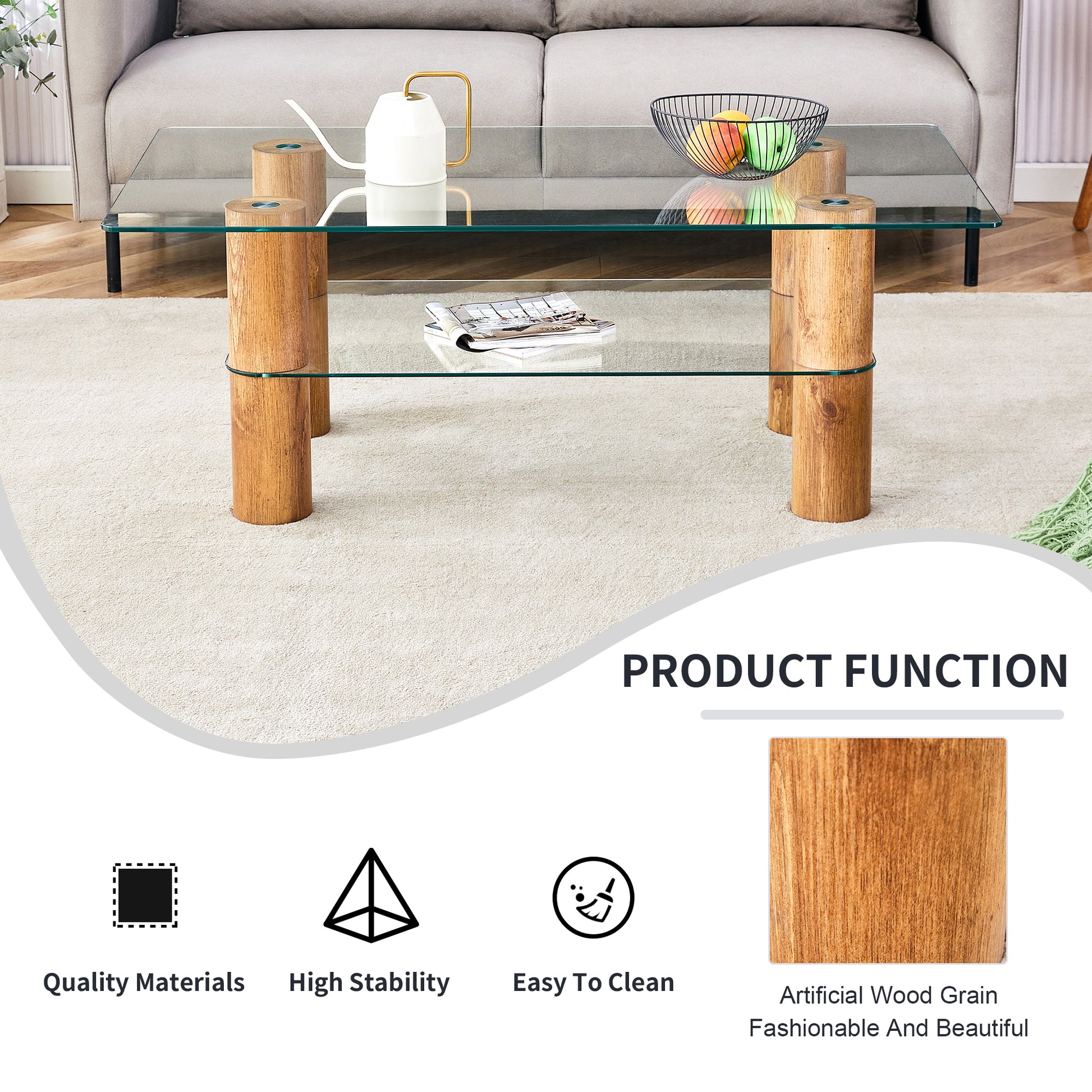 Modern Minimalist Double Layer Transparent Tempered Glass Coffee Table And Coffee Table, Paired With Wooden Mdf Decorative Columns. Computer Desk. Game Table. Ct X02 Transparent Glass