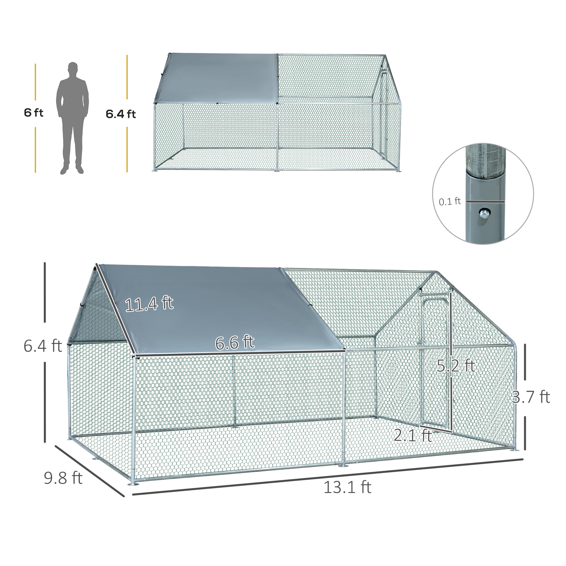 Pawhut Large Chicken Coop Metal Chicken Run With Waterproof And Anti U Cover, Spire Shaped Walk In Fence Cage Hen House For Outdoor And Yard Farm Use, 1.26" Tube Diameter, 9.8' X 13.1' X 6.4' Silver Steel