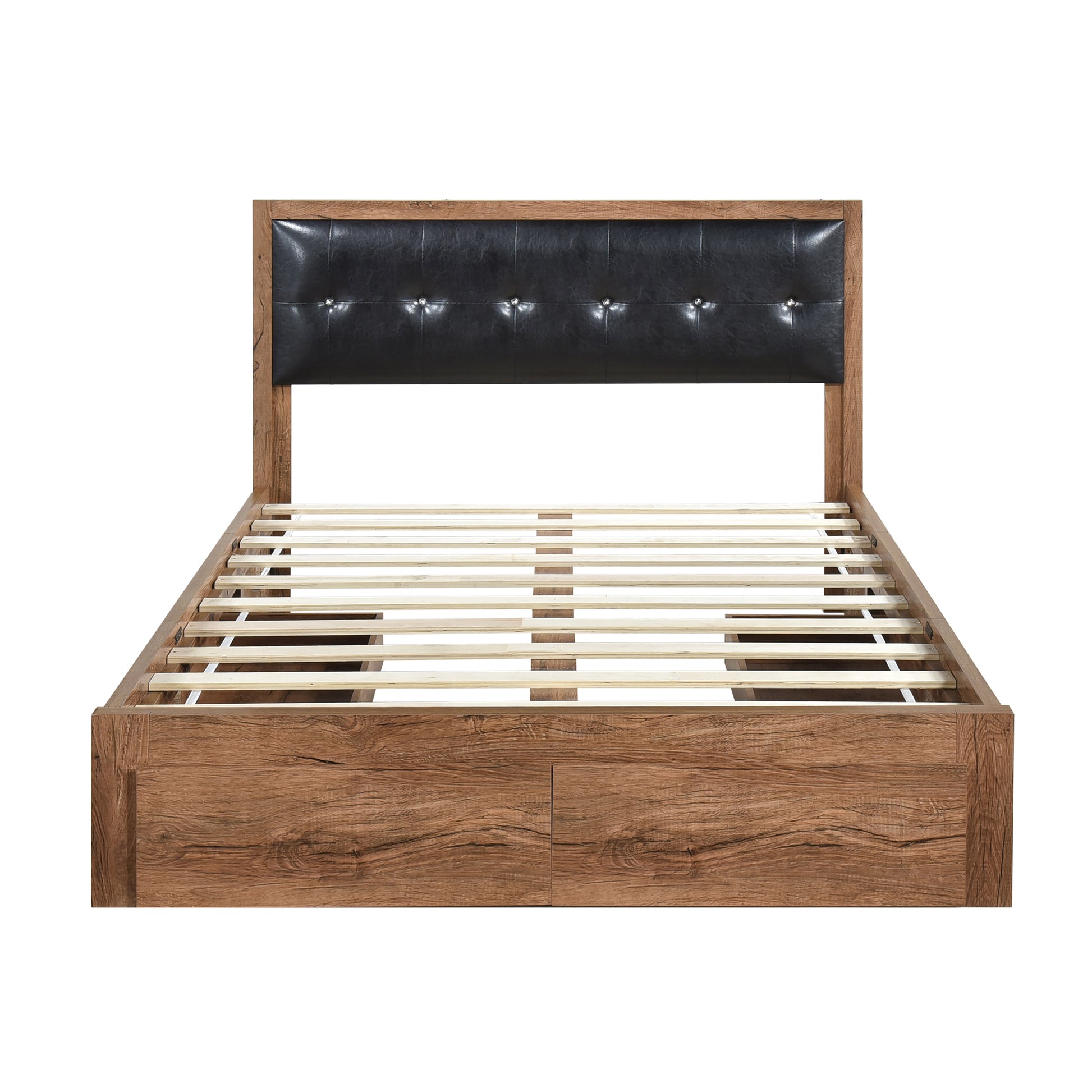Queen Size Wood Platform Bed With Upholstered Headboard And 4 Drawers Box Spring Not Required Queen Walnut Wood Bedroom Bed Frame Faux Leather Solid Wood Mdf