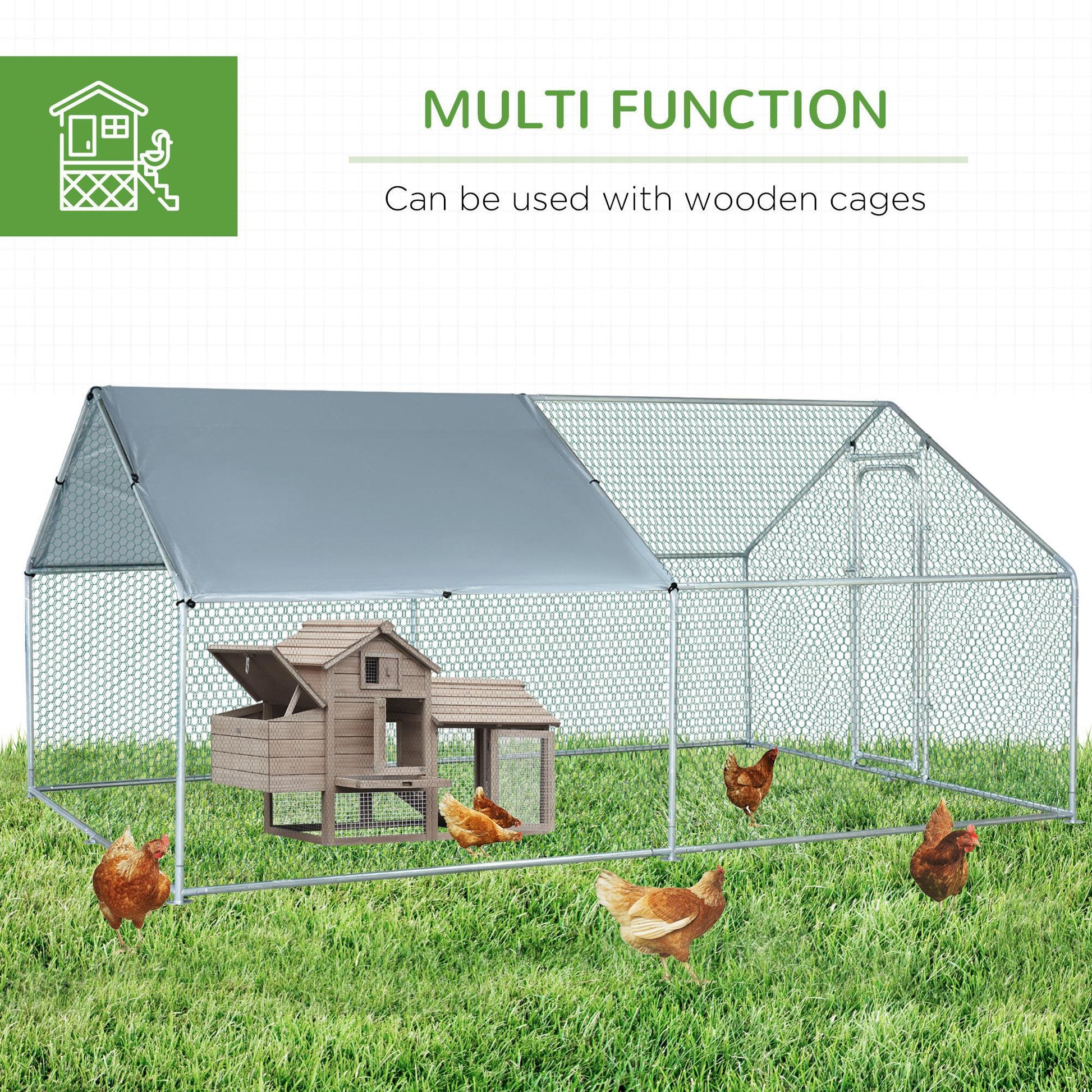 Pawhut Large Chicken Coop Metal Chicken Run With Waterproof And Anti U Cover, Spire Shaped Walk In Fence Cage Hen House For Outdoor And Yard Farm Use, 1.26" Tube Diameter, 9.8' X 13.1' X 6.4' Silver Steel