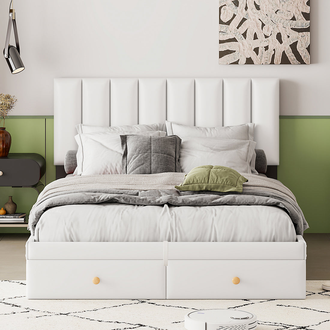 Full Size Upholstered Bed With Hydraulic Storage System And Drawer, White White Pu Leather