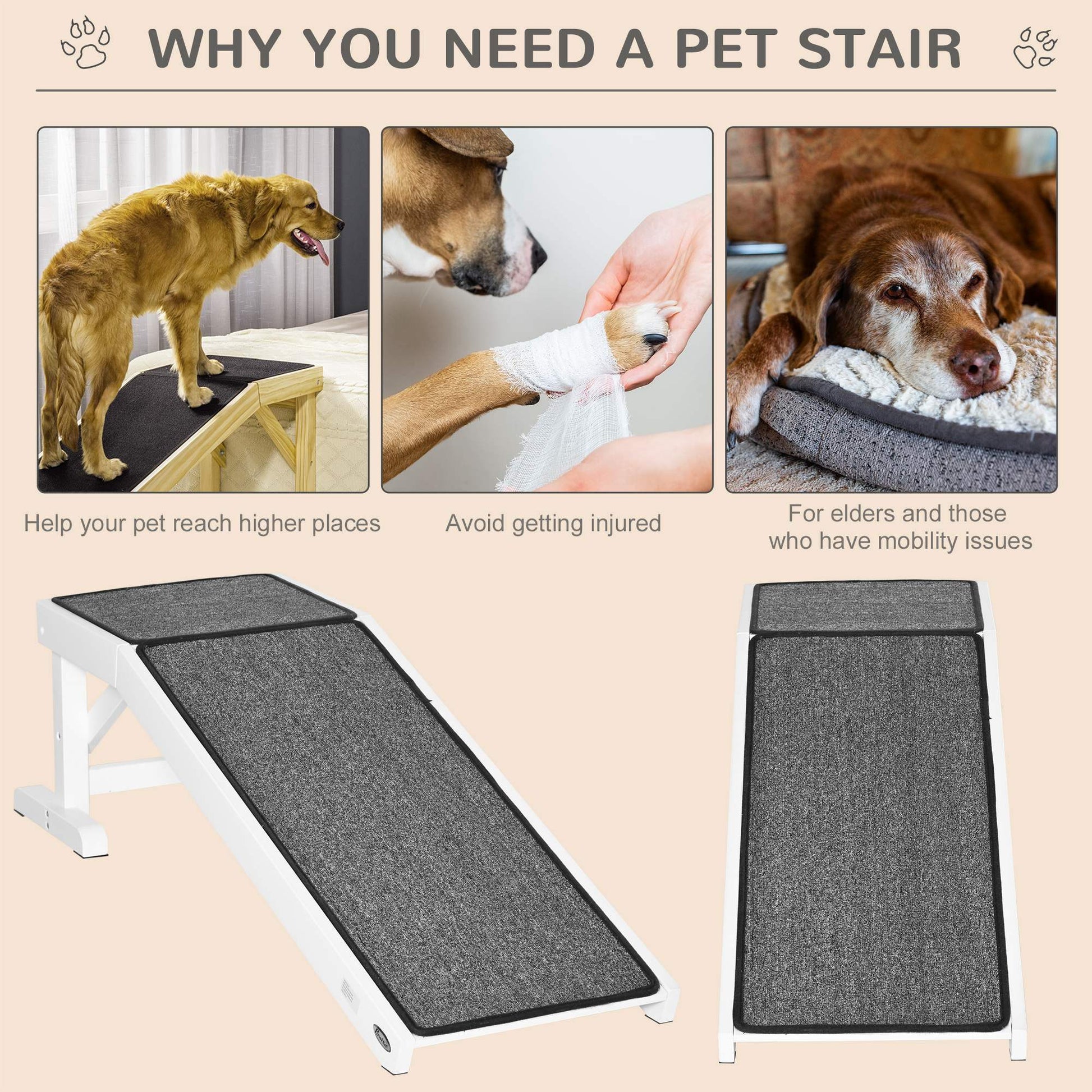 Pawhut Dog Ramp For Bed, Pet Ramp For Dogs With Non Slip Carpet And Top Platform, 49" X 16" X 14", White White Wood