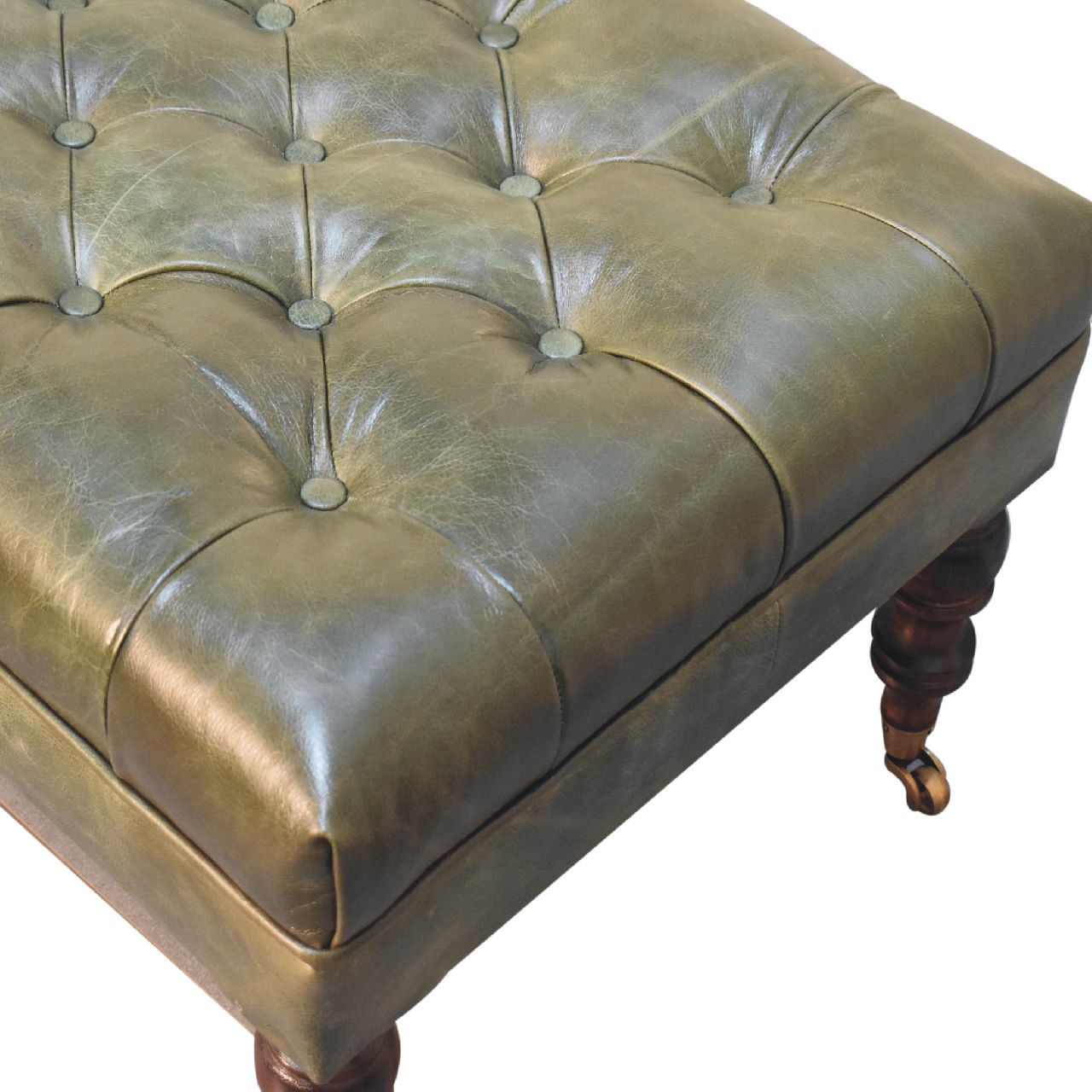 Buffalo Green Leather Ottoman With Castor Legs Green Leather Solid Wood