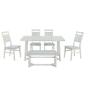 Farmhouse 6 Piece Wood Dining Table Set With 4 Upholstered Chairs And Bench, Gray Gray Wood Dining Room Bench Seating Rubberwood Rectangular Dining Table With Chair And Bench Upholstered Chair Wood Gray Solid Back Seats 6 Farmhouse Trestle Foam Solid