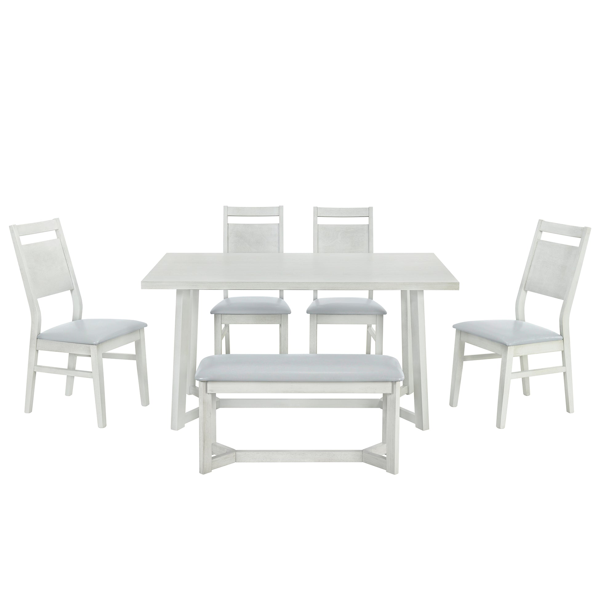 Farmhouse 6 Piece Wood Dining Table Set With 4 Upholstered Chairs And Bench, Gray Gray Wood Dining Room Bench Seating Rubberwood Rectangular Dining Table With Chair And Bench Upholstered Chair Wood Gray Solid Back Seats 6 Farmhouse Trestle Foam Solid